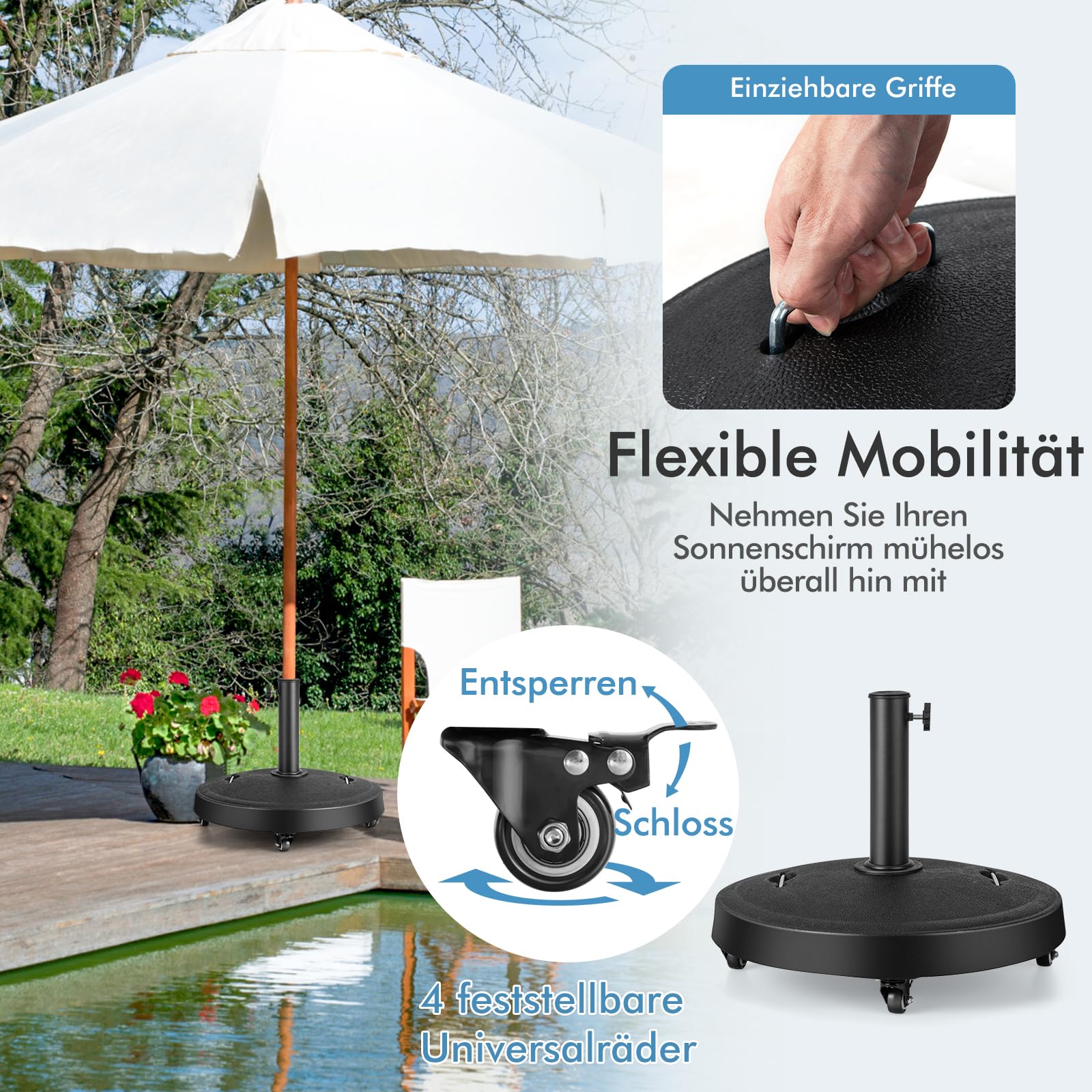 COSTWAY Parasolstandaard, 23 kg, met wielen en handgrepen, parasolstandaard voor parasolstangen van 38/48 mm, 52 cm, marktparasolstandaard, parasolstandaard voor tuin, balkon COSTWAY Parasolstandaard, 23 kg, met wielen en handgrepen, parasolstandaard voor parasolstangen van 38/48 mm, 52 cm, marktparasolstandaard, parasolstandaard voor tuin, balkon