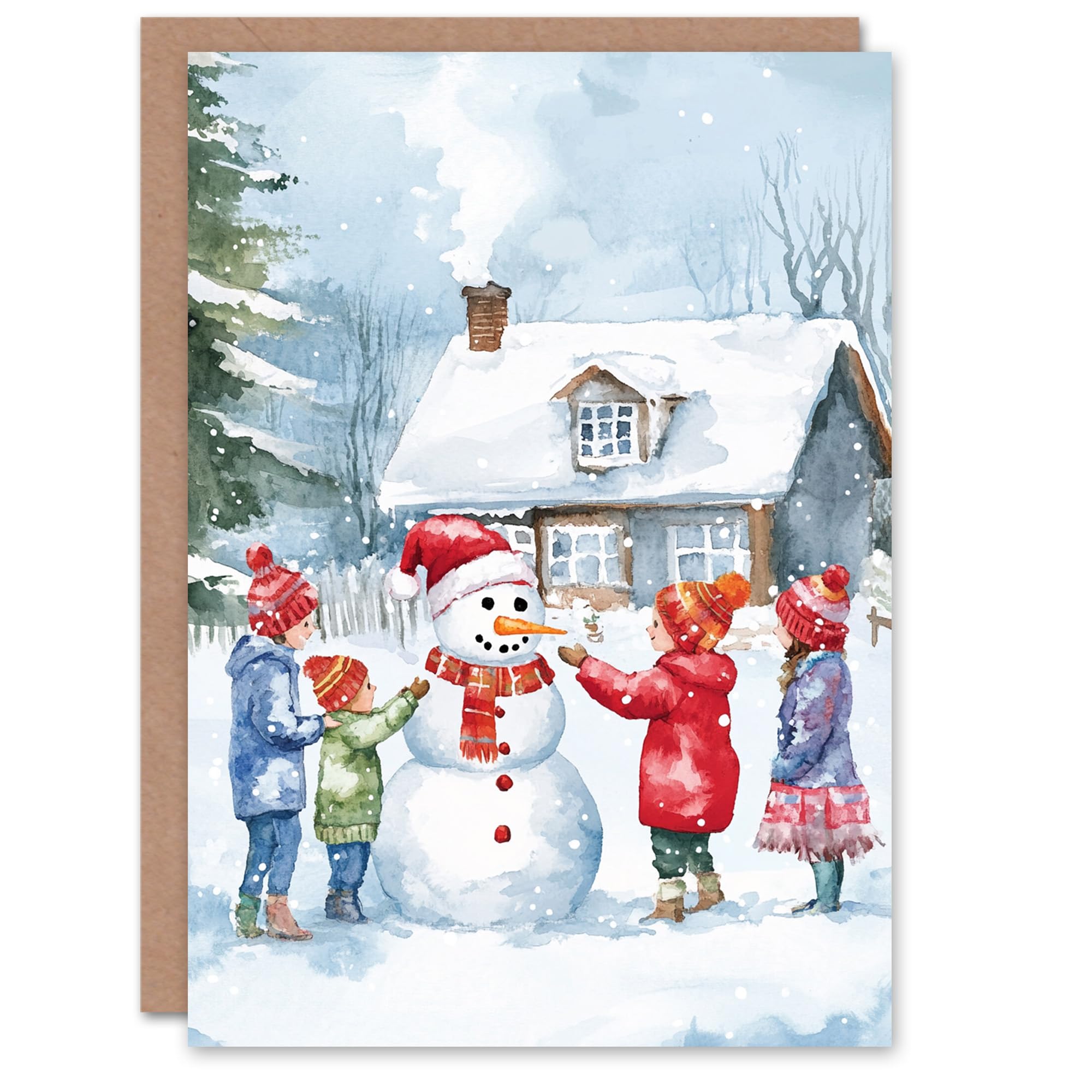 Artery8 Kids Build Snowman Cottage Garden Blank For Him Or Her Art Xmas Festive Christmas Card