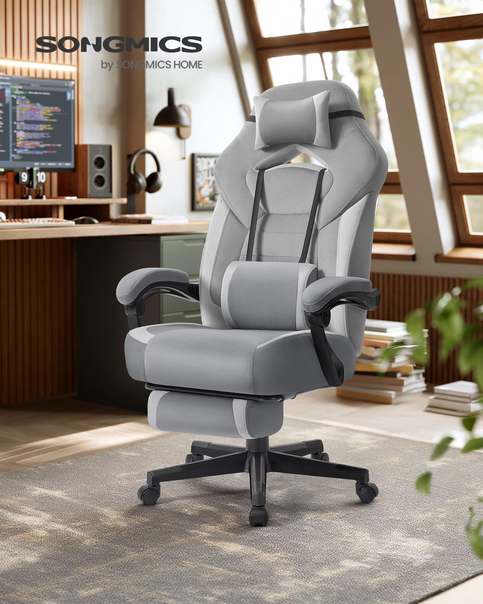 SONGMICS Fotel gamingowy, krzesło biurowe, krzesło komputerowe, ergonomiczny design, z podnóżkiem, regulowanym zagłówkiem, poduszką lędźwiową, nośność 150 kg, kolor łupkowo-gołębi OBG077G02