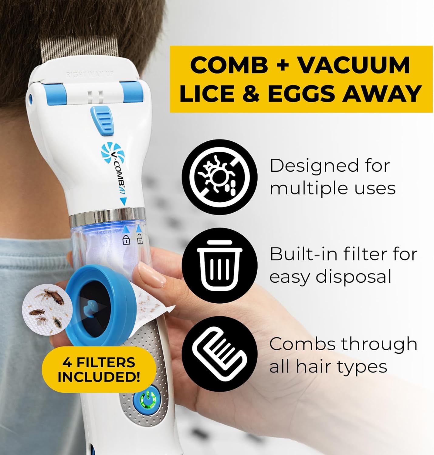 A1 Rechargeable Chemical-Free Lice Removal Electric Comb, Pack of Refill Filters, Natural Head Lice Solution for Children & Adults, Electric Lice Vacuum Comb, for All Hair Types, Gentle Lice Care