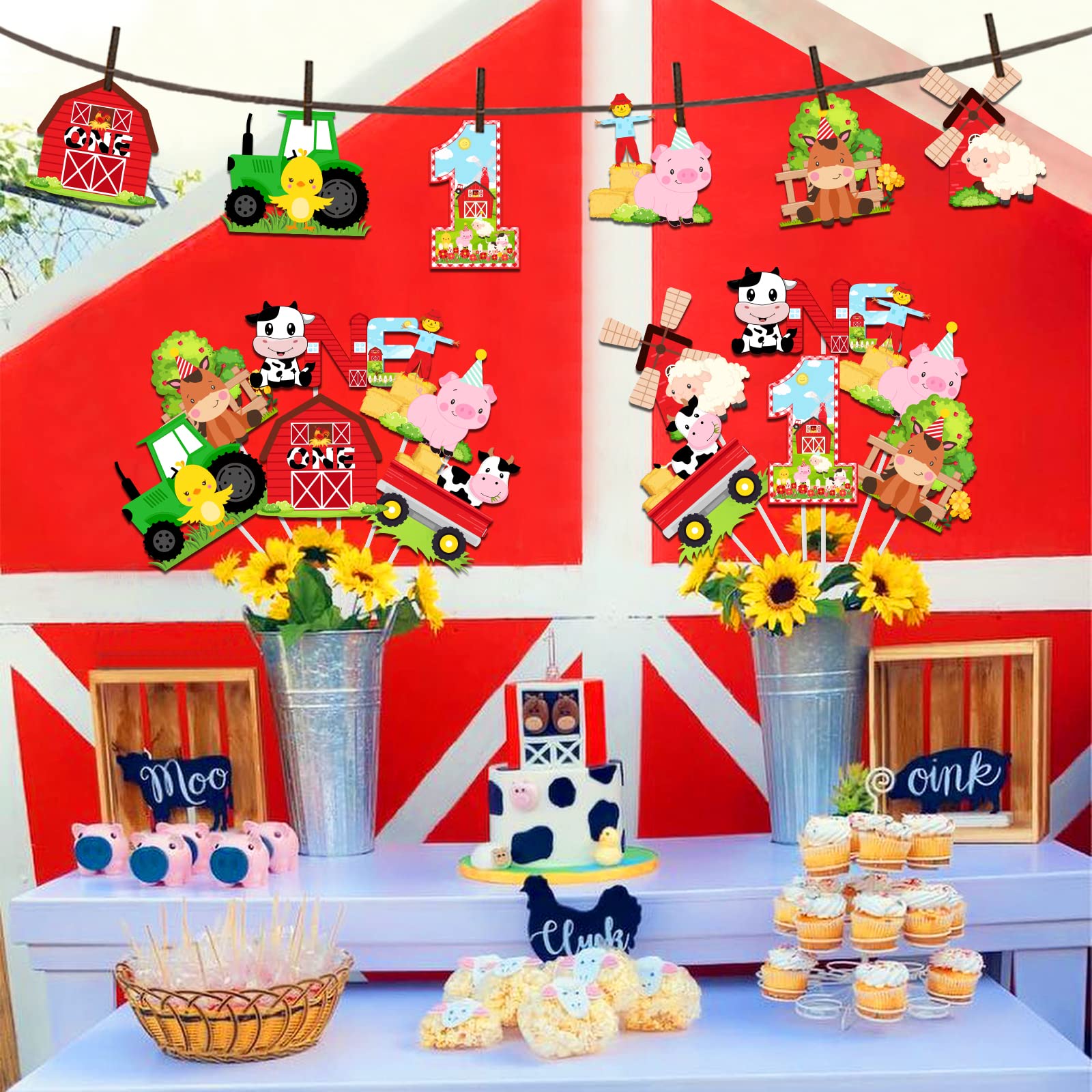 1st Birthday Farm Animals Table Topper Centerpiece Set - 15 Pieces With Sticks, Barnyard Theme Party Decor - View #10