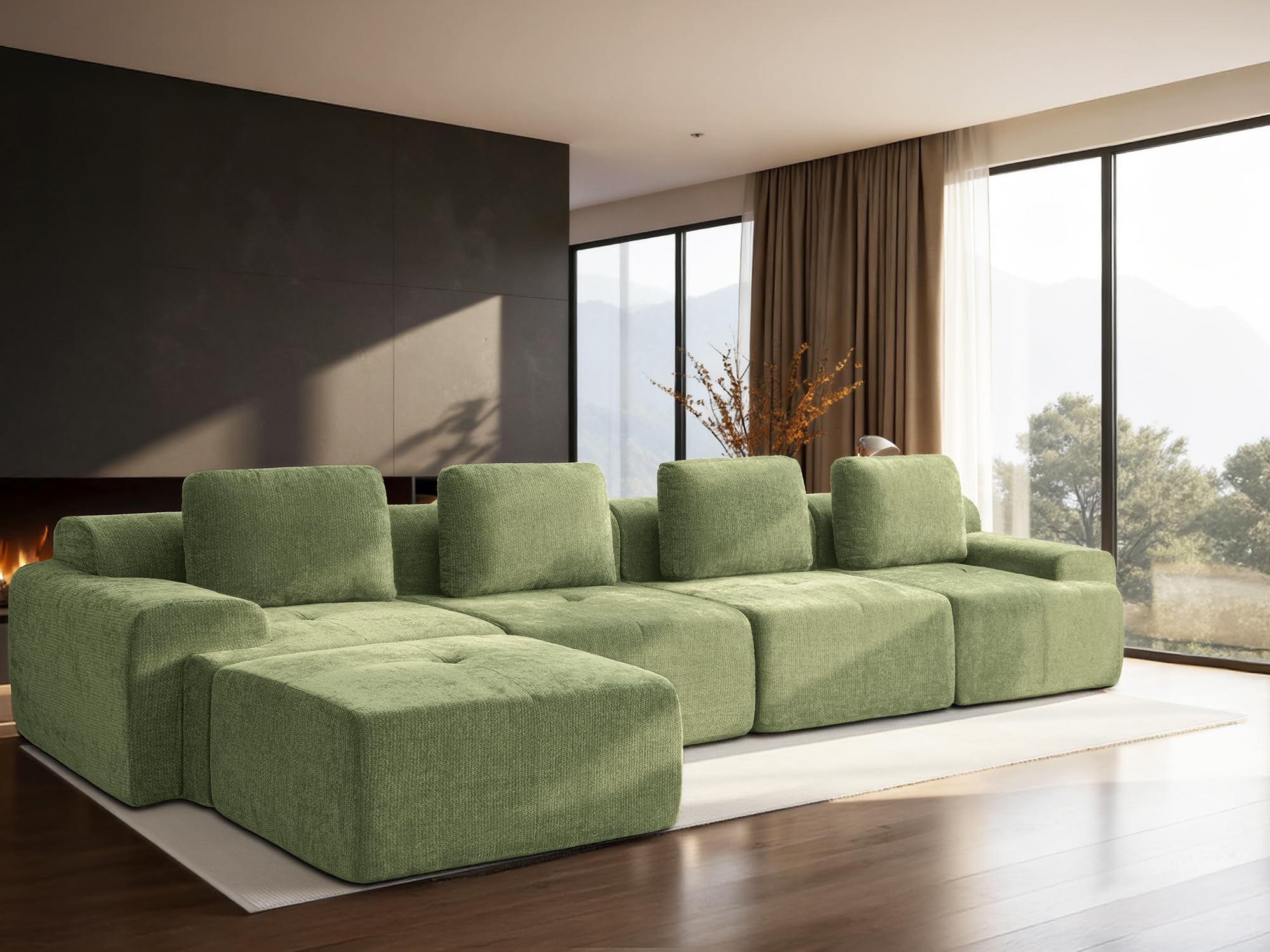 159" L-Shaped Modular Sectional Sofa, Oversized Boneless Cloud Couch for Living Room with Extra Deep Seat &amp; High Back, Tool-Free No Assembly, Soft Chenille (Olive Green, 159 inch-L Shaped（4+1）)