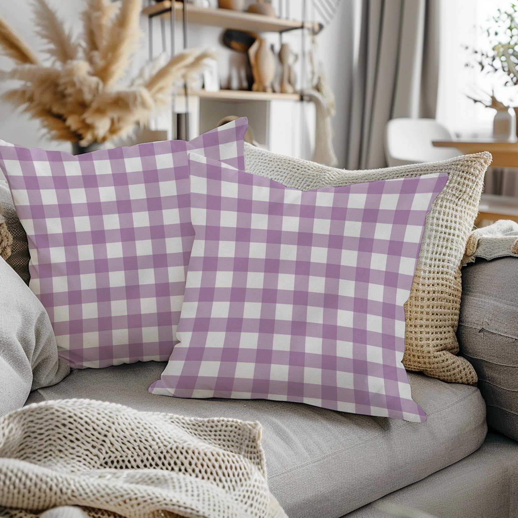 ggaimwf Gingham Pillow Cases 2 Pack 45x45cm Purple Checked Pastel Farmhouse Decorative Cushions Covers Square Throw Pillow Covers for Sofa Couch Living Room Bedroom Home Decor Scatter Cushion Case - Image 2