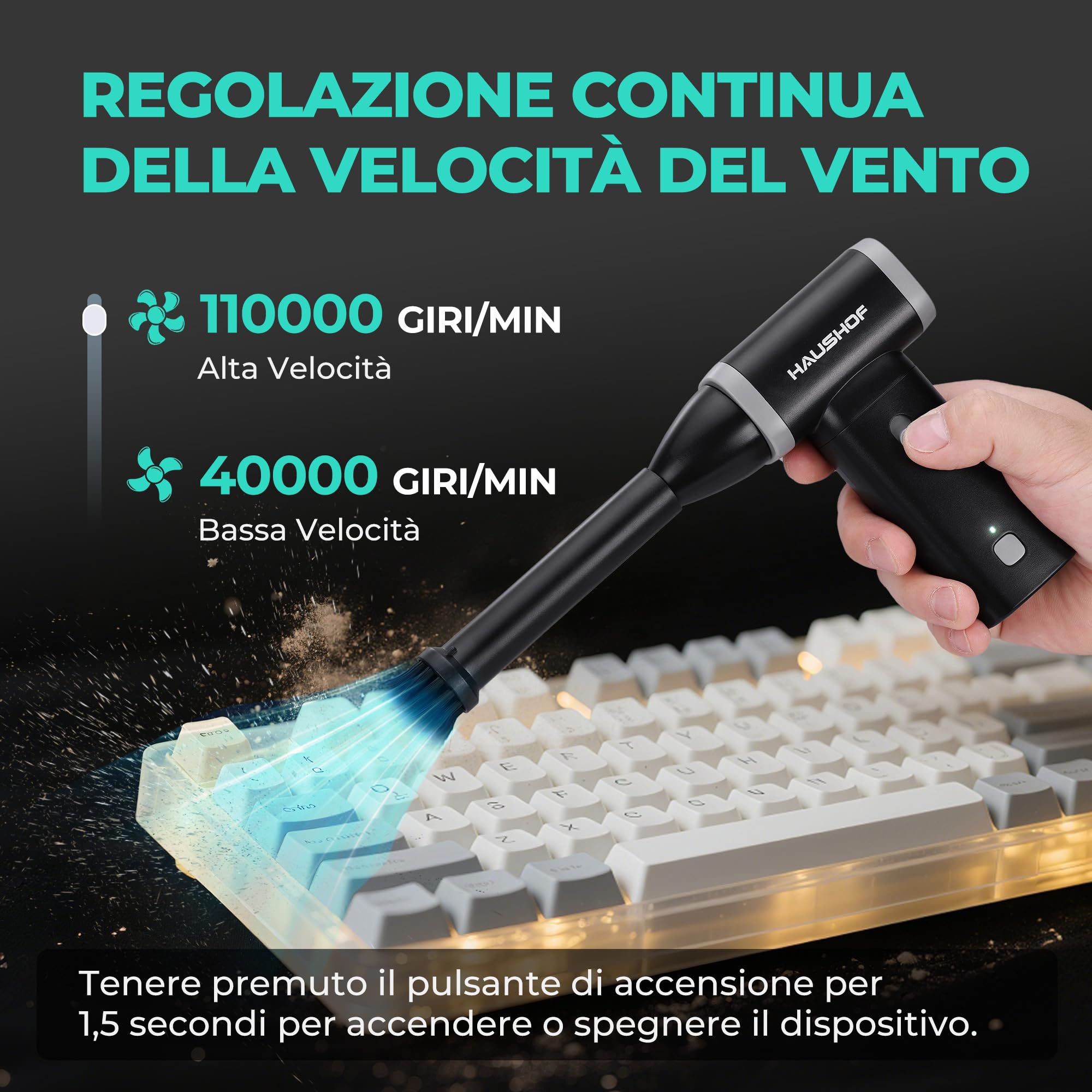HAUSHOF Mini Soffiatore di Polvere Elettrico, 110000 RPM con Velocità Regolabile, 235g 8V, Ricarica USB-C, Aria Compressa Portatile per Tastiera, Auto, Divano