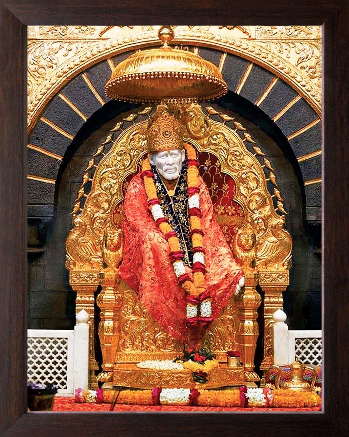 Sai Baba Idol Photo Frame Shirdi Sai Baba Sitting on a Throne HD Printed Religious & Decor Picture Brown Frame (30 X 23.5 X 1.5 cm Brown Wood)