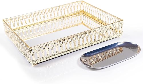 Bandeja decorativa Bandeja decorativa de metal con espejo Estilo romano elegante diseño para joyas, sala de estar, Pascua (rectangular, 12 x 9