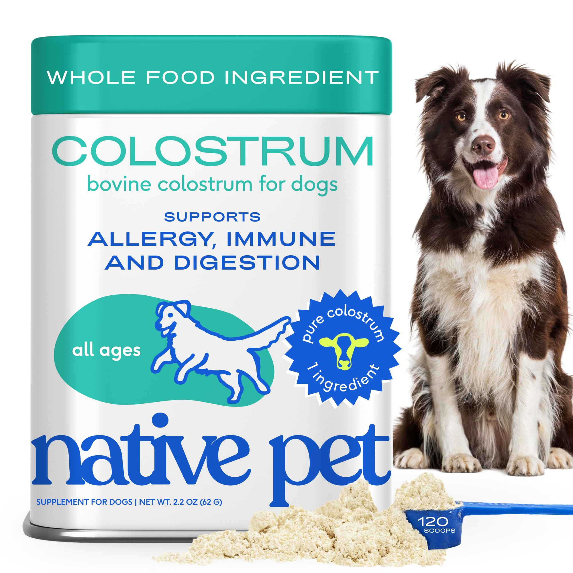 Native PetColostrum for Dogs – Bovine Colostrum Powder – Allergy Relief, Immune Support & Itchy Skin Treatment – Dog Multivitamins for Skin & Gut Health – Puppy Milk Replacement & Prebiotic -120 ct.
