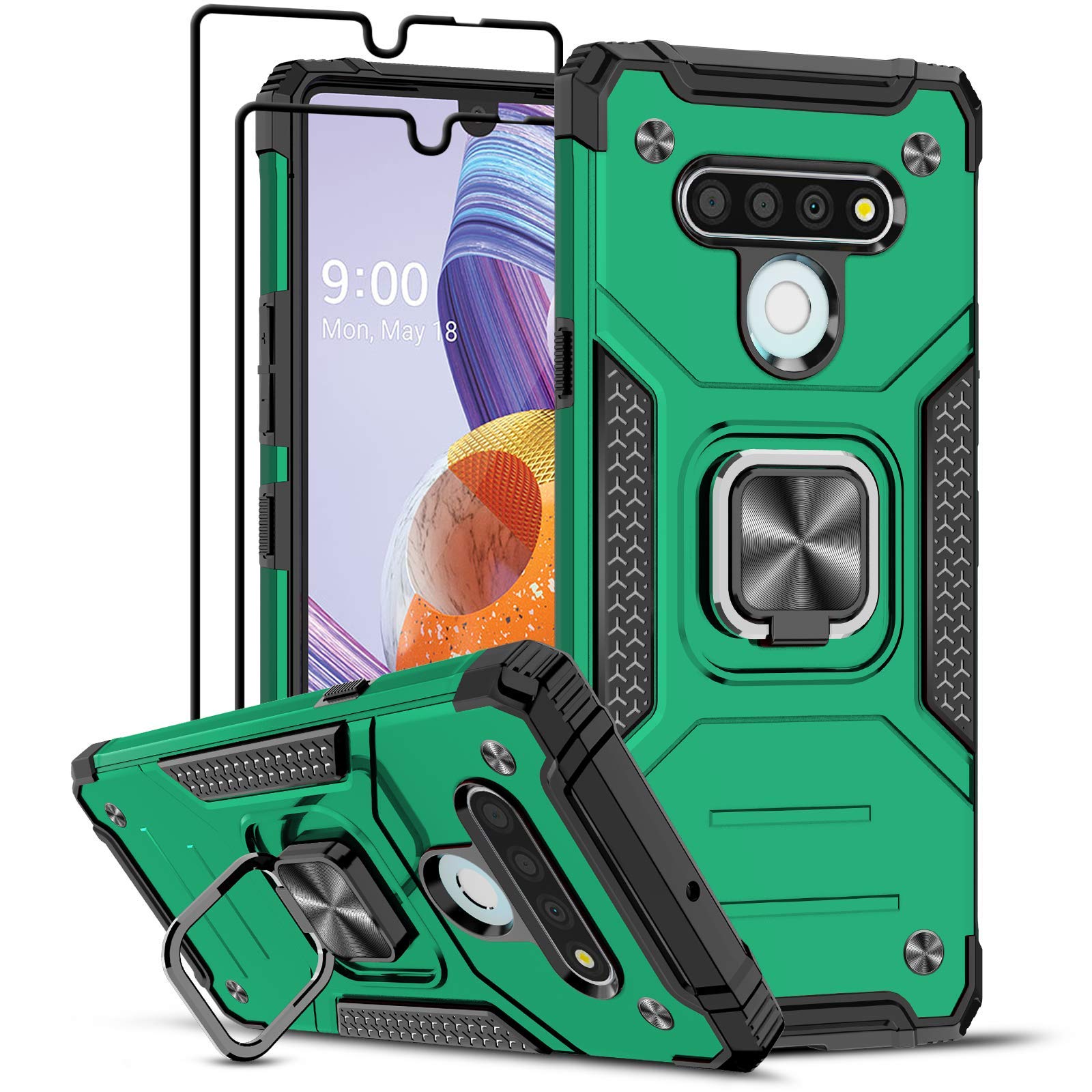 LeYiCompatible for LG Stylo 6 Case with [2 Pack] Tempered Glass Screen Protector, [Military-Grade] Armor Protective Phone Case with Magnetic Ring Kickstand for LG Stylo 6, Green