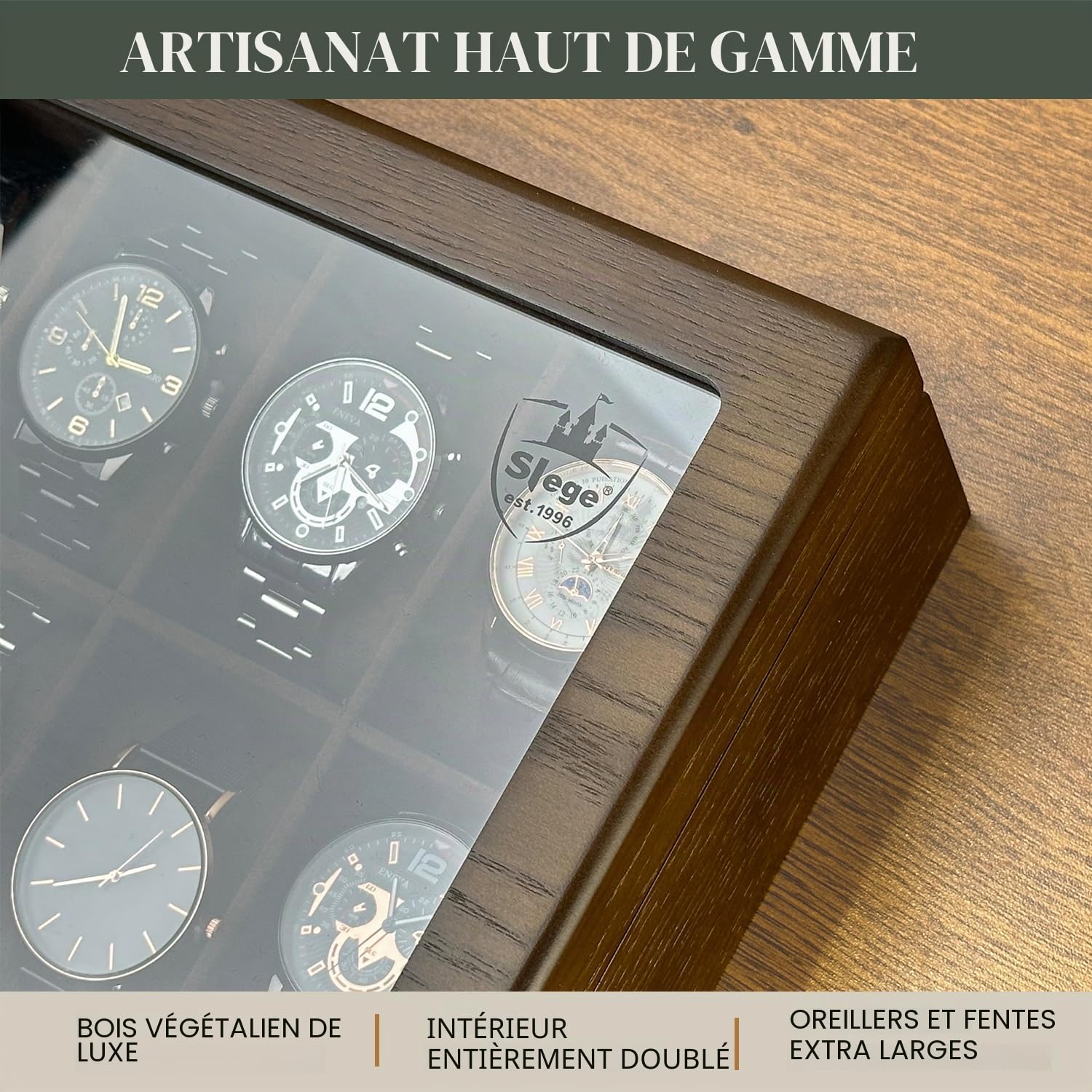 Slege Boîte à Montres en Bois,Boîte de Rangement pour 12 Montres-Cave à Montre pour Homme et Femme - Boîte à bijoux avec couvercle en verre,Support de montre,Watch Box Cadeaux(Marron)