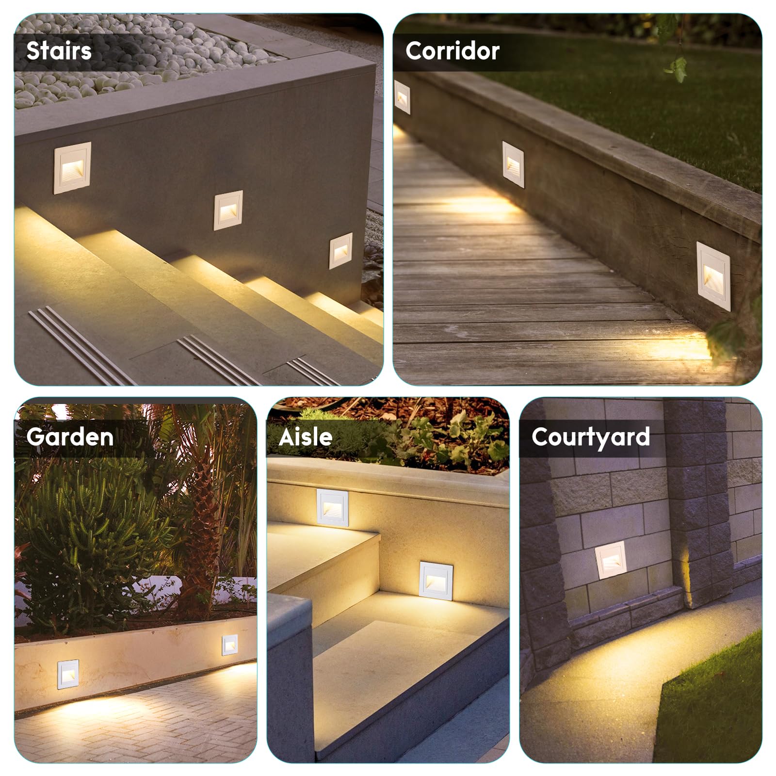 3W 300LM Segnapasso LED Esterno 6 Pezzi, IP65 Impermeabile Segnapassi, 3000K Faretti Segnapasso da Interno, Luci per Scale 230V, Luce da Parete 85x85mm - Scatole Incasso 68mm, Alluminio Bianco