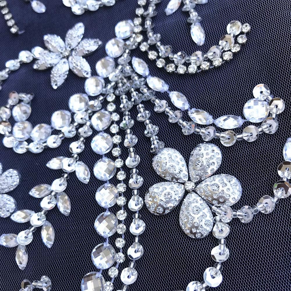 12x22 Inch Hand Beaded Sew on Rhinestones Wedding Bridal Back Applique Patches Sewing for DIY Costume Clothes Bridal Dress Decoration (Silver)
