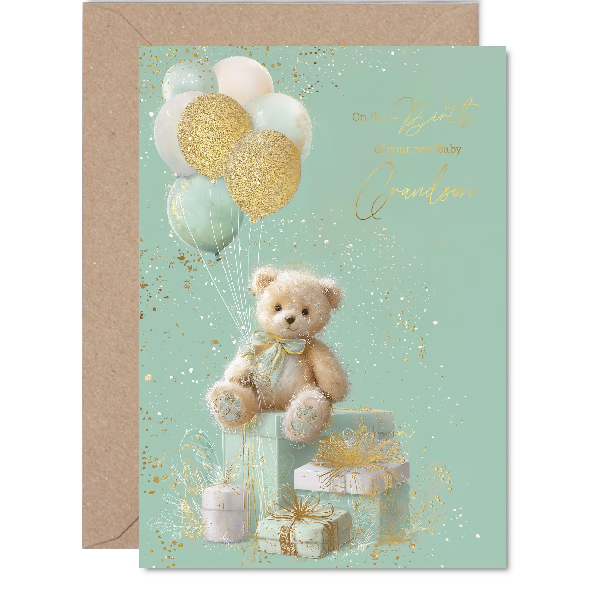 Gold New Baby Unisex Card for Grandson - Teddy Bear Gifts Balloons - Well Done Congratulations Card for New Grandson, A5 Golden Welcome To The World Greeting Cards
