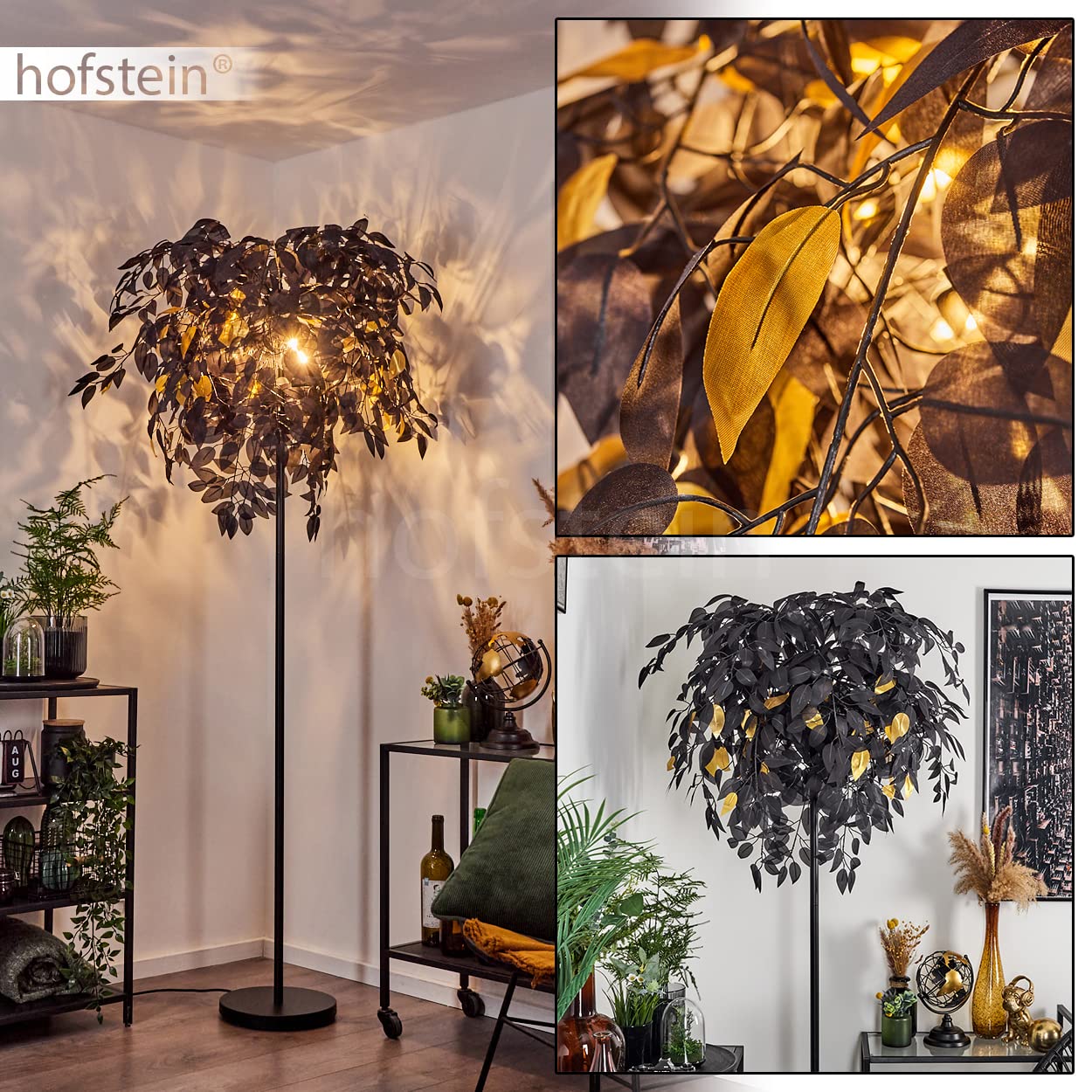 Lampa podłogowa Kallax, wykonana z metalu/plastiku w kolorze czarnym/złotym, z kloszem w optyce liścia, wysokość 190cm, z włącznikiem nożnym na kablu i efektem świetlnym, 3xE14, bez żarówek