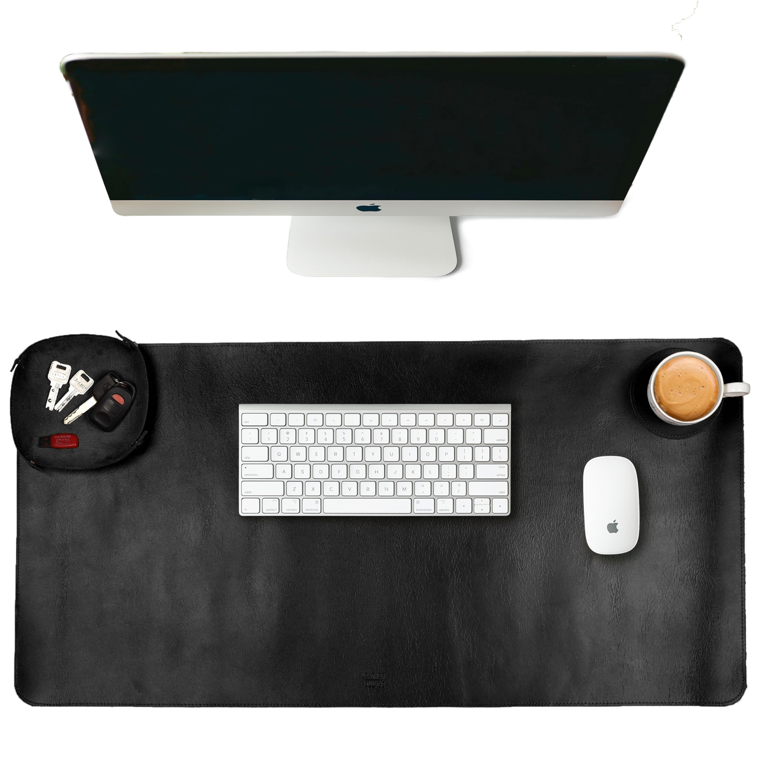 LEATHER VILLAGE -32X16 Real Leather Desk Mat for Desktop & Laptop, with Leather Tray & Tea Coaster
