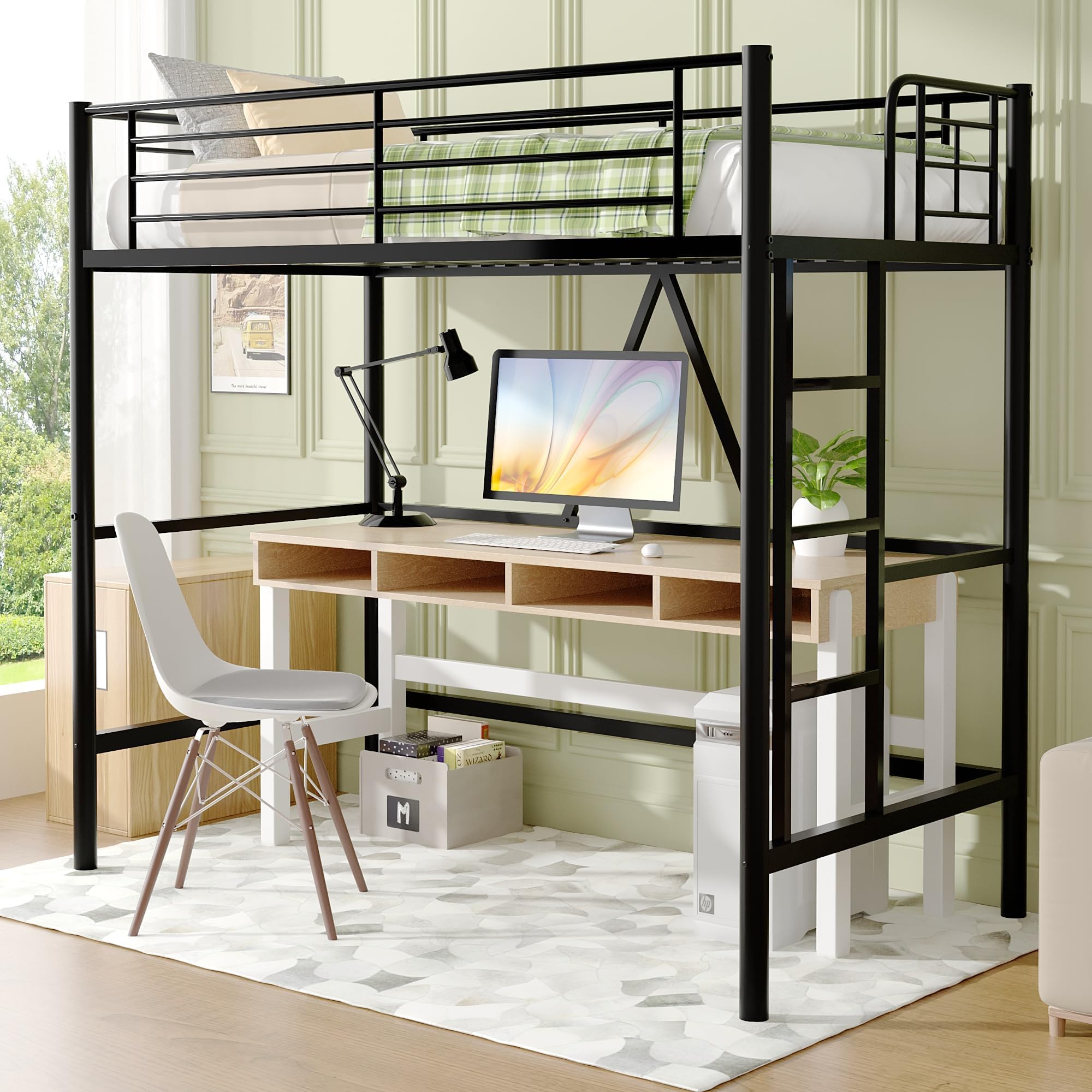 VECELO Etagenbett 90 x 200 cm aus Metall, Hochbett mit 150 cm Bodenfreiheit, abnehmbare Leiter und hohes Sicherheitsgeländer, geräuschfrei konstruiert für Kinder, Jugendliche und Erwachsene, schwarz