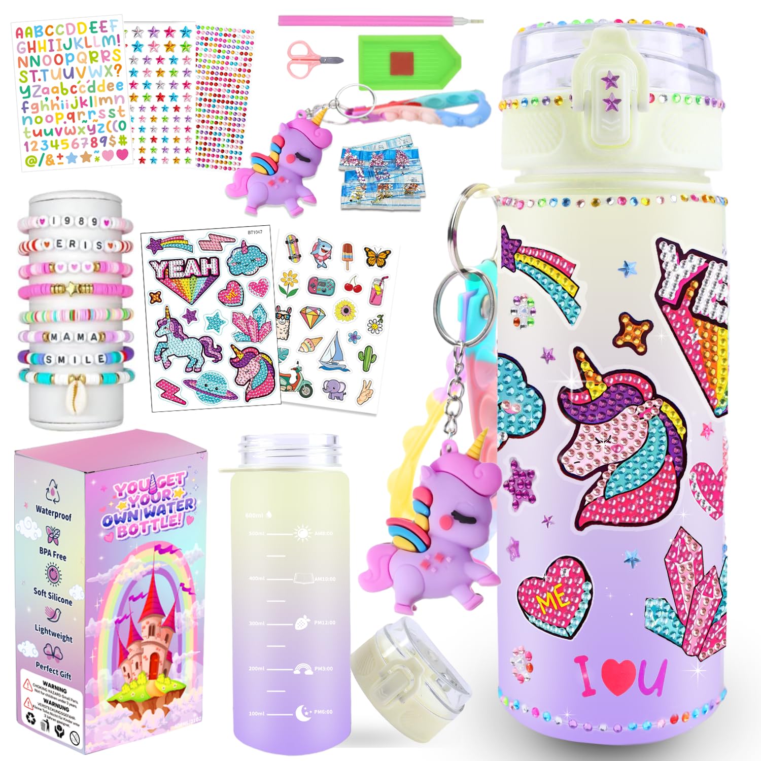 Sanilinwild Dekorieren Sie Ihre eigene Wasserflasche für Geschenke - diy Freundschaft Armband, Weihnachten/Ostern/Geburtstag Geschenkideen, Spaß DIY Aktivität Crafts für Kinder (Buntes Einhorn)