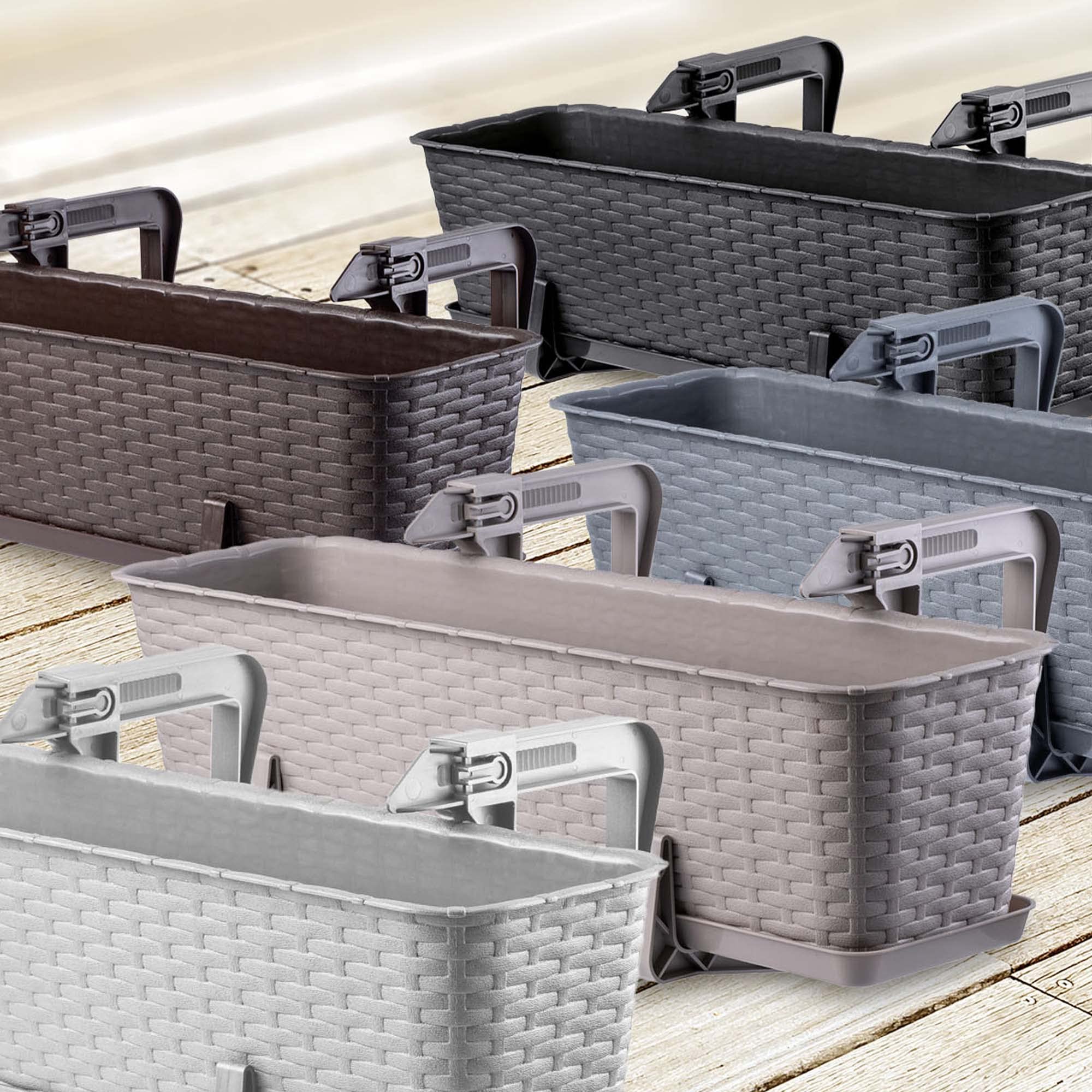 KADAX Macetas de Plástico Imitación Ratán, Maceteros Rectangulares con Platillos y Soportes para Exterior, Jardineras Colgantes (4: Antracita, 60 cm, Aprox. 48L)