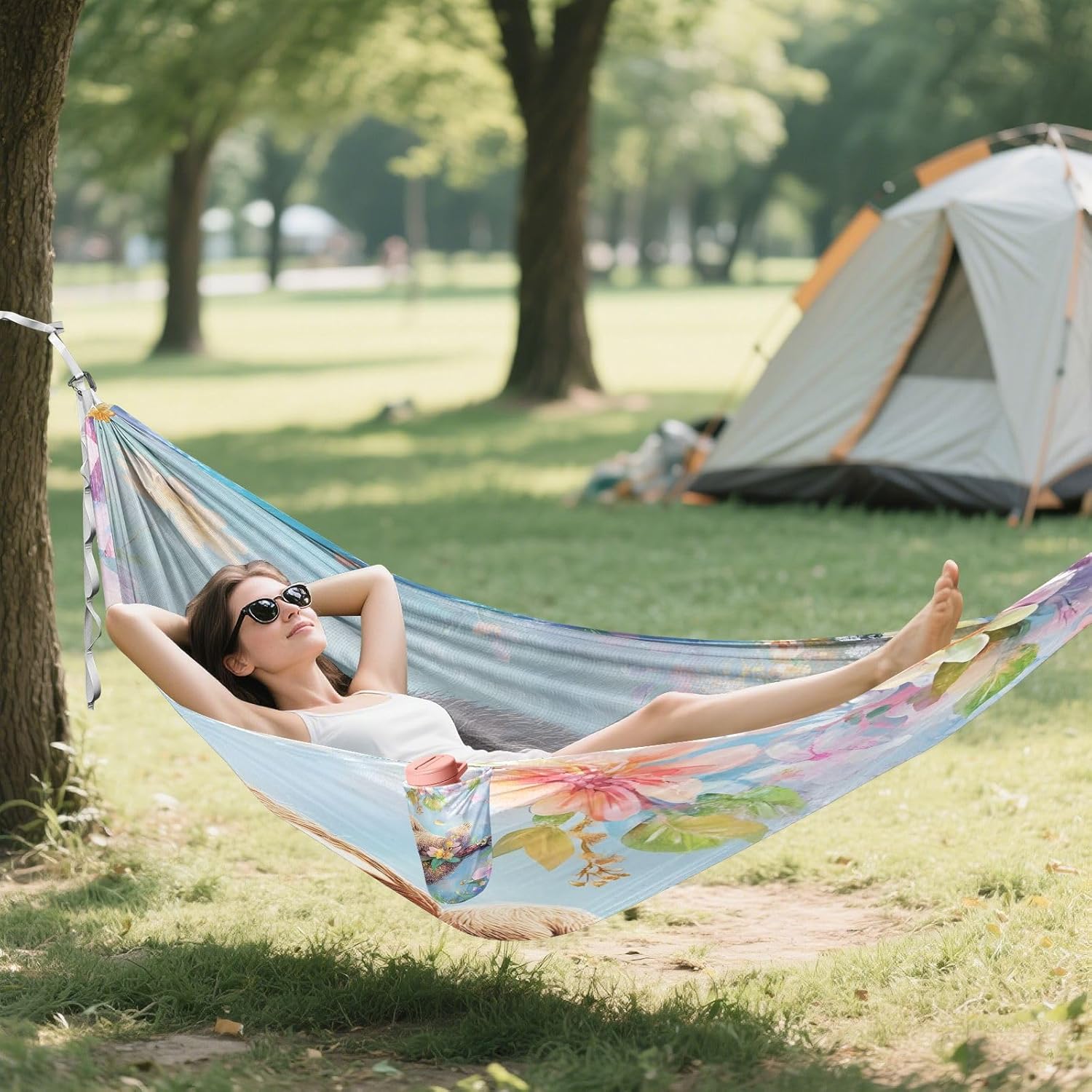 ALAZA Cute Sloth Flowers Camping Hammocks Single or 2 Person 500 lbs Portable Parachute Travel Hammock w/Tree Straps for Hiking Backpacking Indoor Outdoor