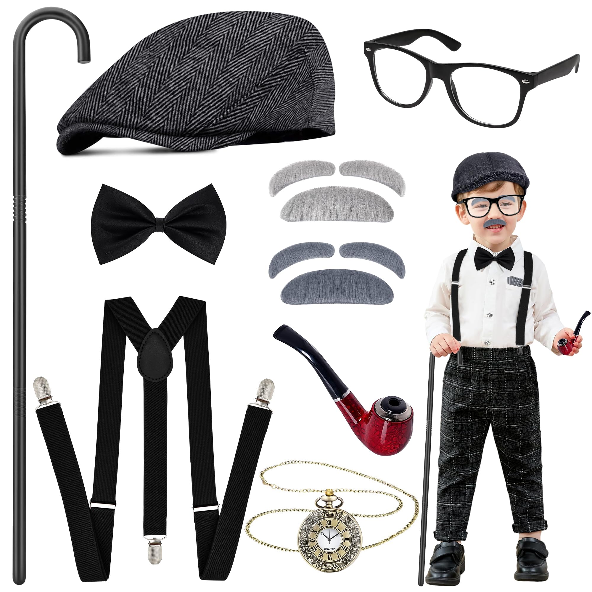 Amlisia Old Man Costume for Kids, Kids Old Man Costume Accessories Grandpa Costume Set for Boys Kids for Cosplay Dress Up (Black)