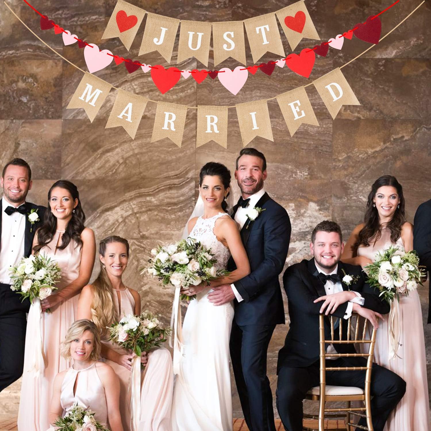 WATINC 3pcs Just Married Burlap Banner, Red Heart Felt Bunting Garland for Valentine’s Day Wedding Party Decor, Bachelorette Bridal Shower Party Supplies, Anniversary Valentine’s Day Photo Background