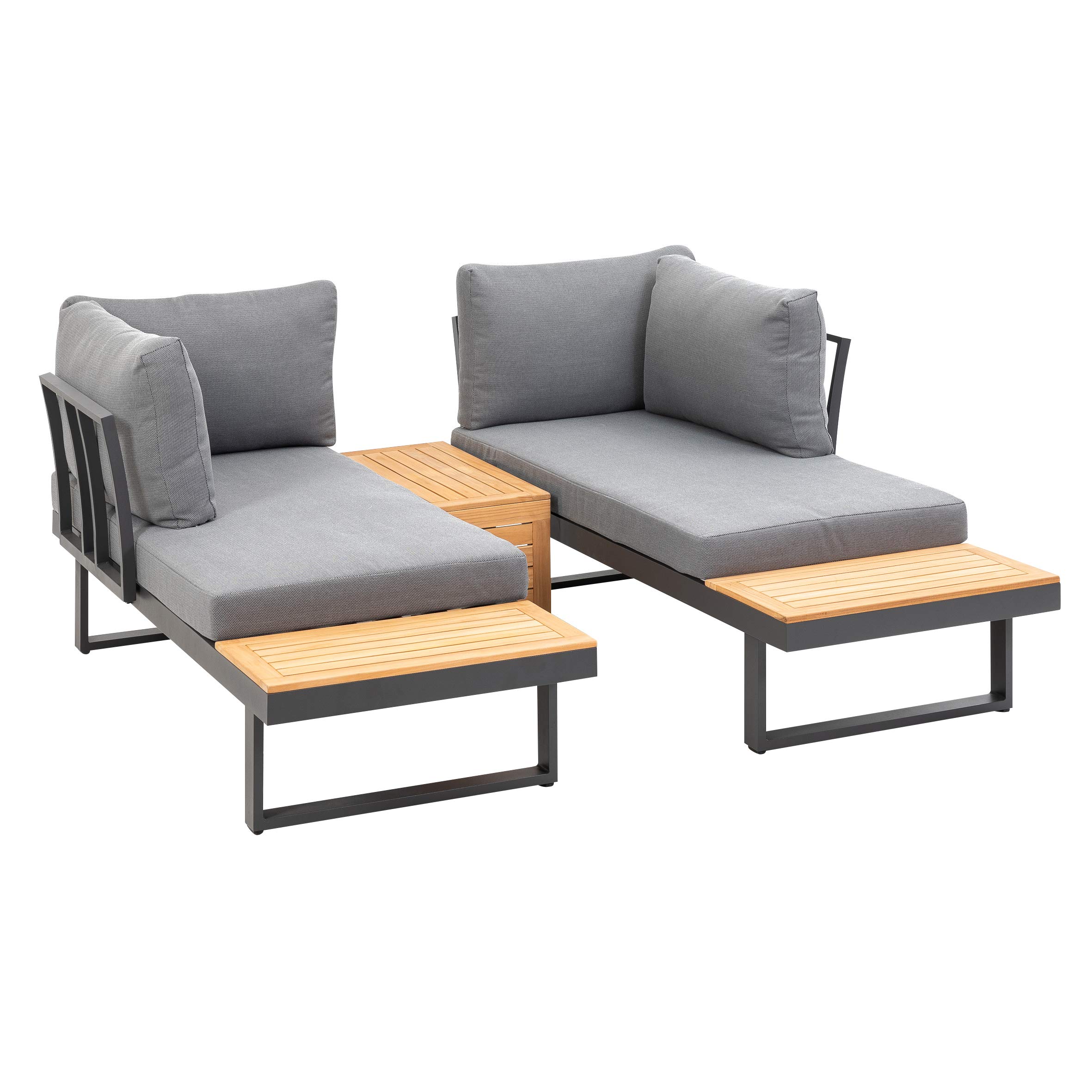 greemotion Ensemble Salon de Jardin Samara, Set de 2 Canapés et Table en Bois d’Acacia FSC® 100%, Cadre Aluminium, Coussins en Polyester Inclus, Gris/Bois