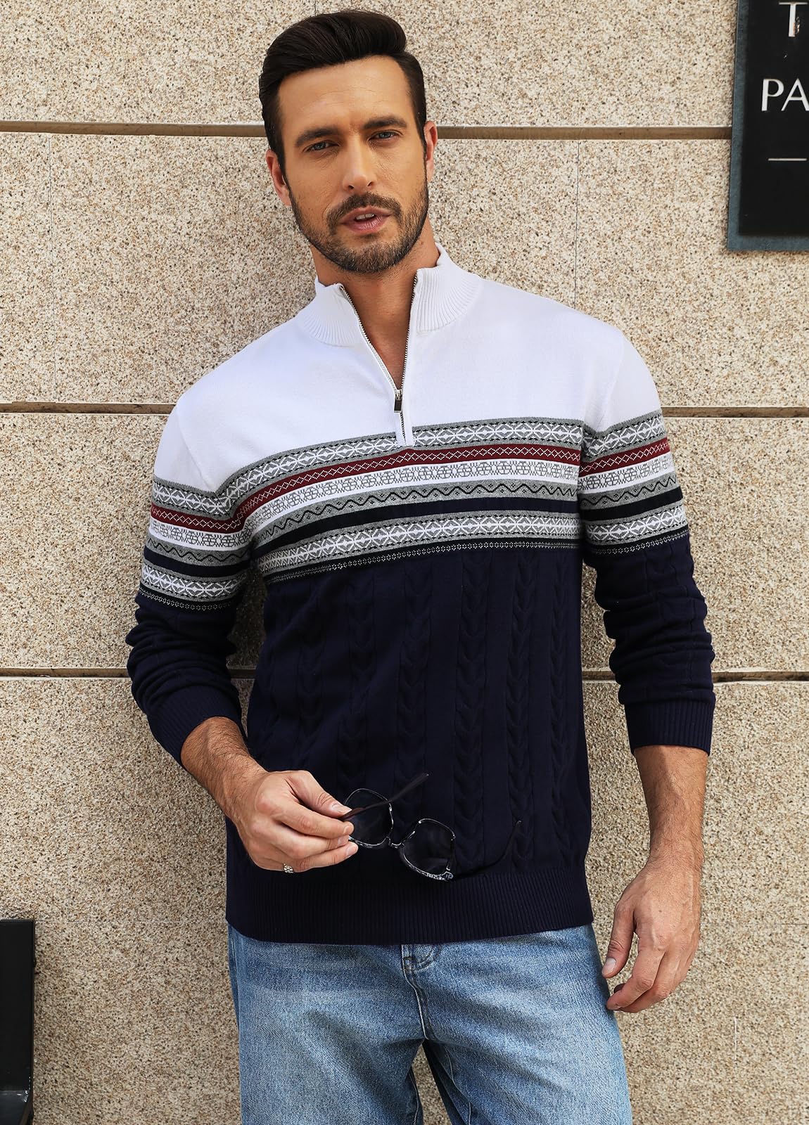 Genfien Maglione Uomo a Maglia con Zip 1/4 Natalizi | Collo Alto,Manica Lunga,Invernale,Caldo