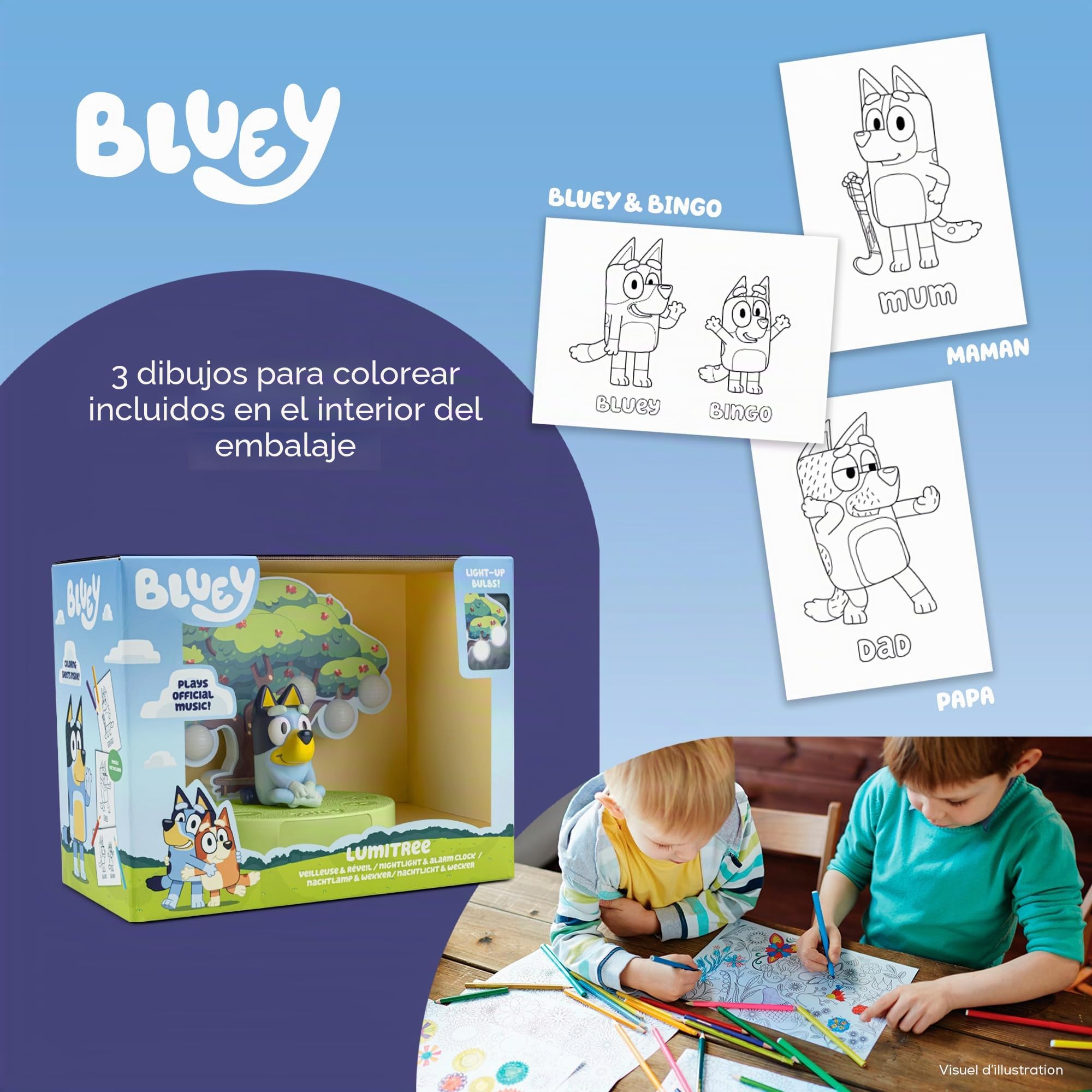 BIGBEN Luz nocturna musical y reloj despertador con música inalámbrica BLUEY, con licencia oficial - Batería recargable - Diseño original - LUZ
