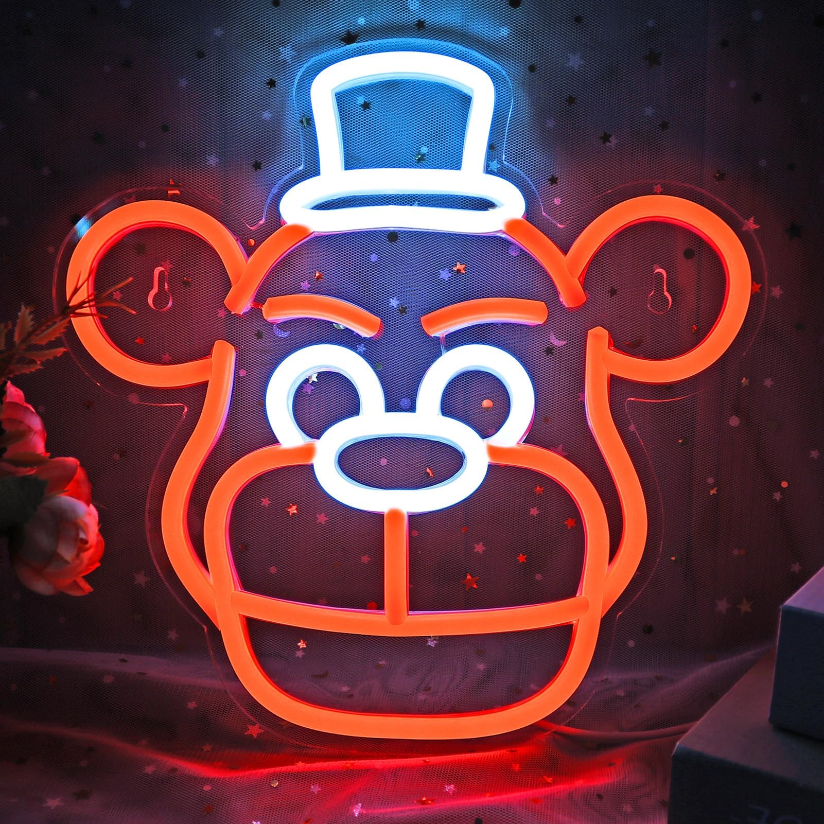 Cute Five Nights Bear Neon Sign, Anime Neon Light for Wall Decor Bedroom, Children's Room, Birthday, Festival Decorations, USB Powered Orange Color White, 11.8inch x 11.8 inch