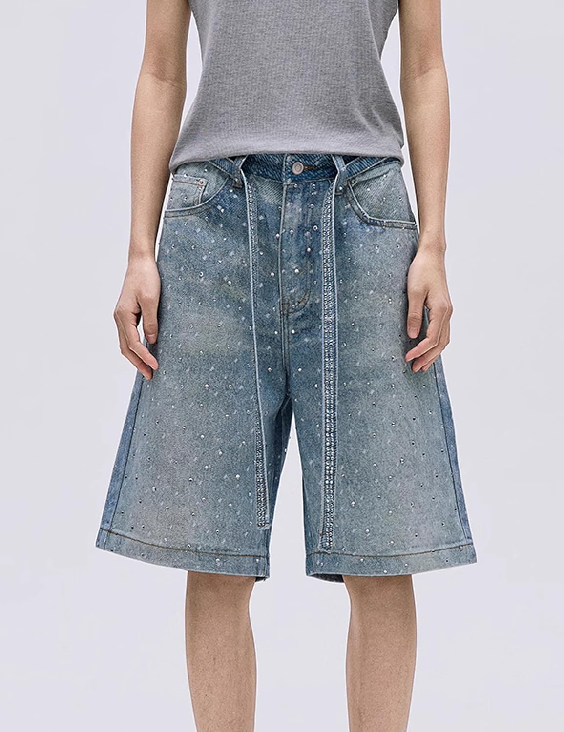 Mens Baggy Rhinestone Denim Jeans Shorts Y2k Oversized Jorts Vintage Loose Fit Shorts Casual Jorts Wide Leg Streetwear - Image 2
