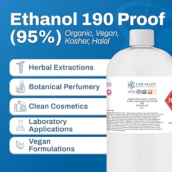 Lab Alley Ethanol 190 Proof (95%) Organic/Vegan Sugar Cane Alcohol, FCC Food Grade, (4 1 Quart Bottles)