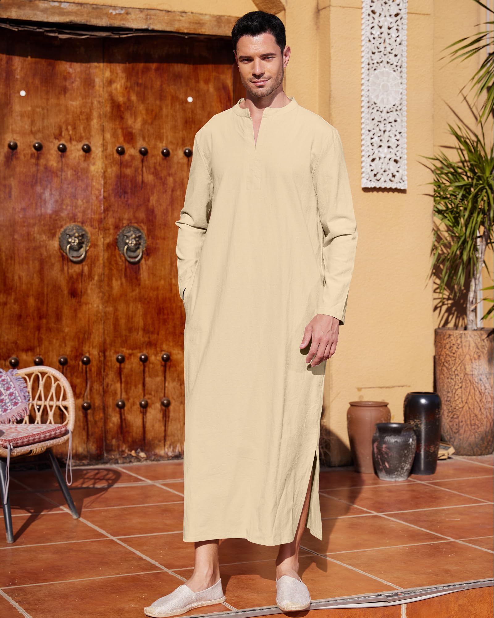 LVCBL Caftan à manches longues pour homme avec poches, coupe universelle, taille M à 3XL