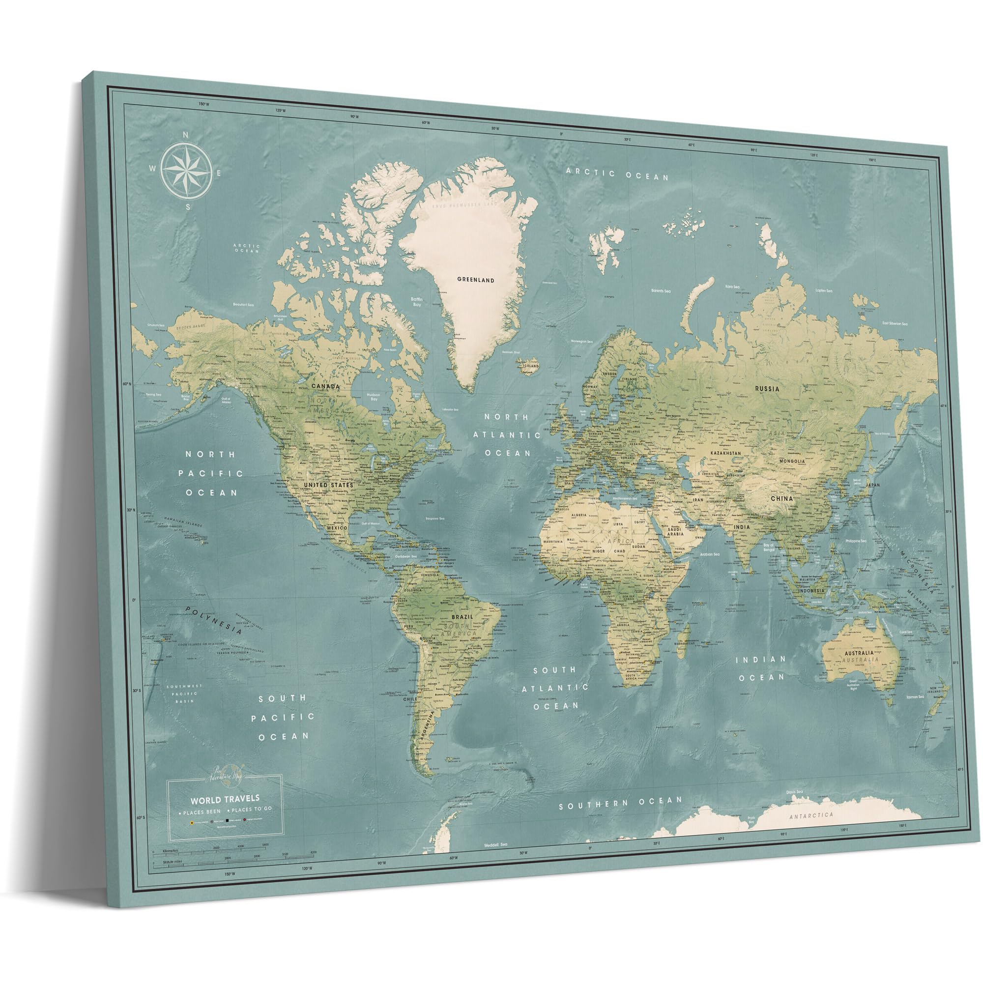 Premium Detailed World map Pin board on Canvas | Interactive Travel Map with Pins | Perfect for Marking Your Travels and Places You Have Been | Pin Adventure map