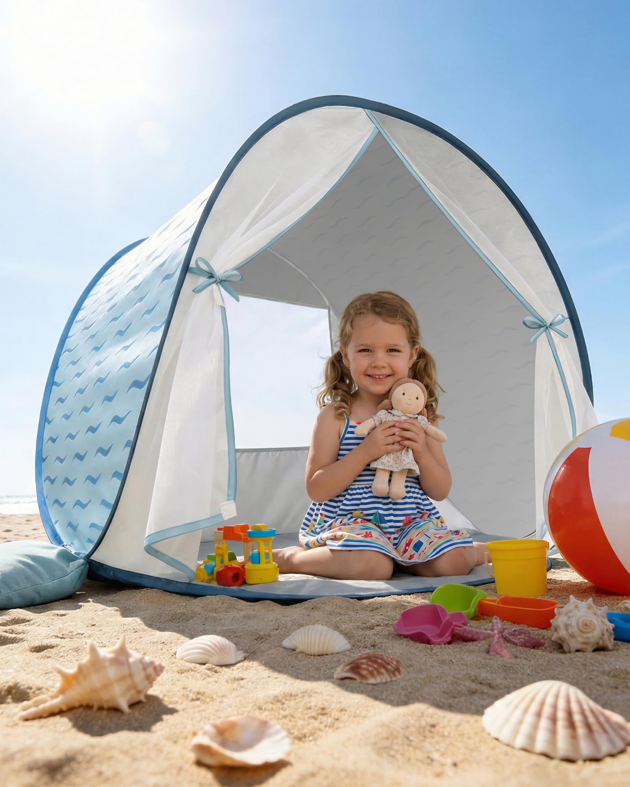 Strandmuschel Baby mit UV-Schutz UPF 50+, Pop-Up Strandzelt für Kinder & Babys, Automatischer Aufbau, Windschutz, inkl. Tragetasche & Heringe, Sommer Must-Have