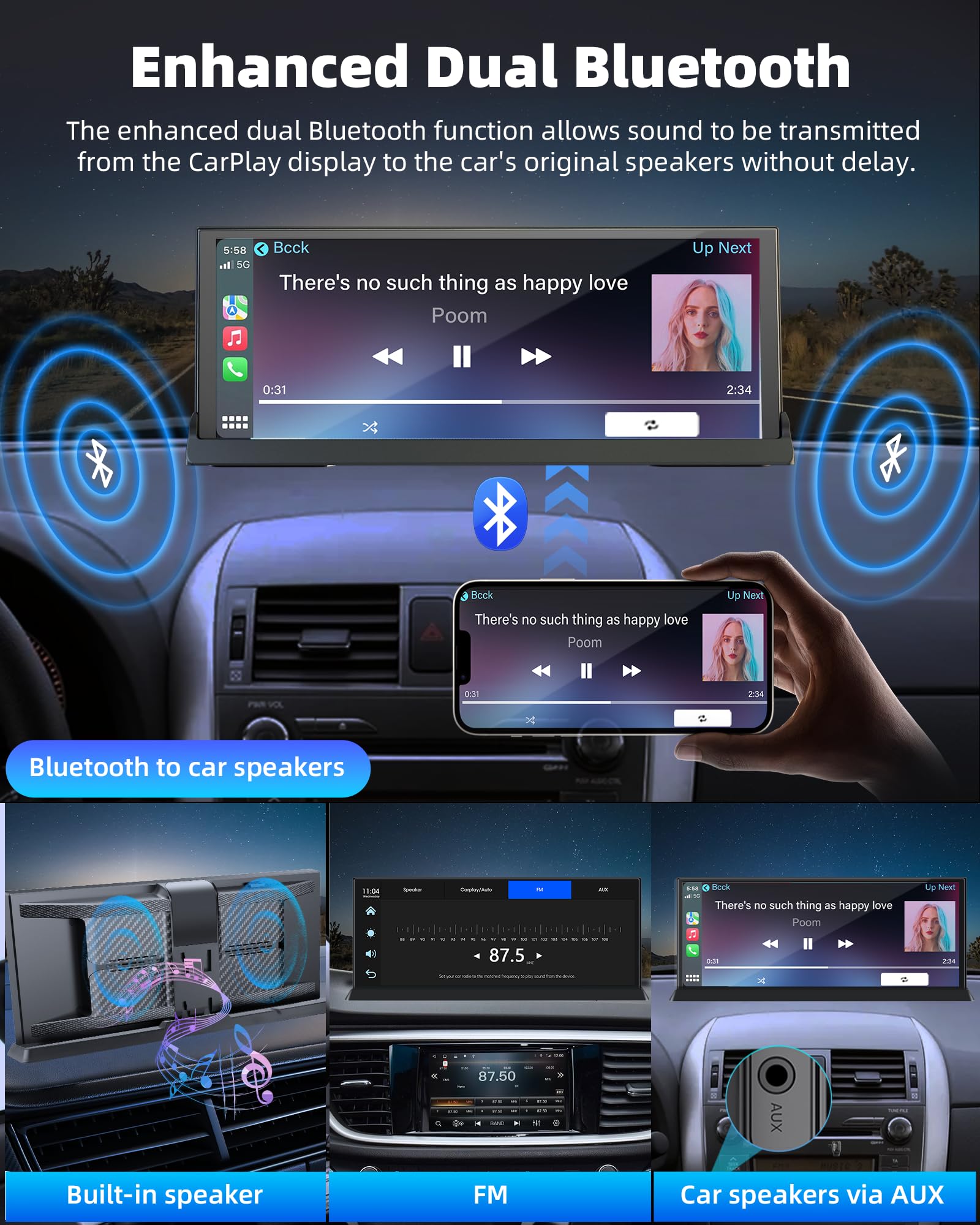 11,26 Zoll Wireless Carplay Display Android Auto Display mit Netflix YouTube TikTok Android 15 Car Play Autoradio mit Bildschirm Dual-Bluetooth OTA Navigation Sprachsteuerung Rückfahrkamera 1080P