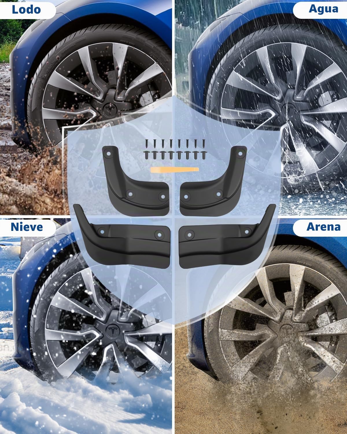 [4 Piezas] Guardabarros para Tesla Model 3 2024 2025, Model 3 Highland Protectores de Guardabarros Delantero y Trasero, Accesorios Mud Flaps con Tornillos de Montaje, No Necesita Taladrar