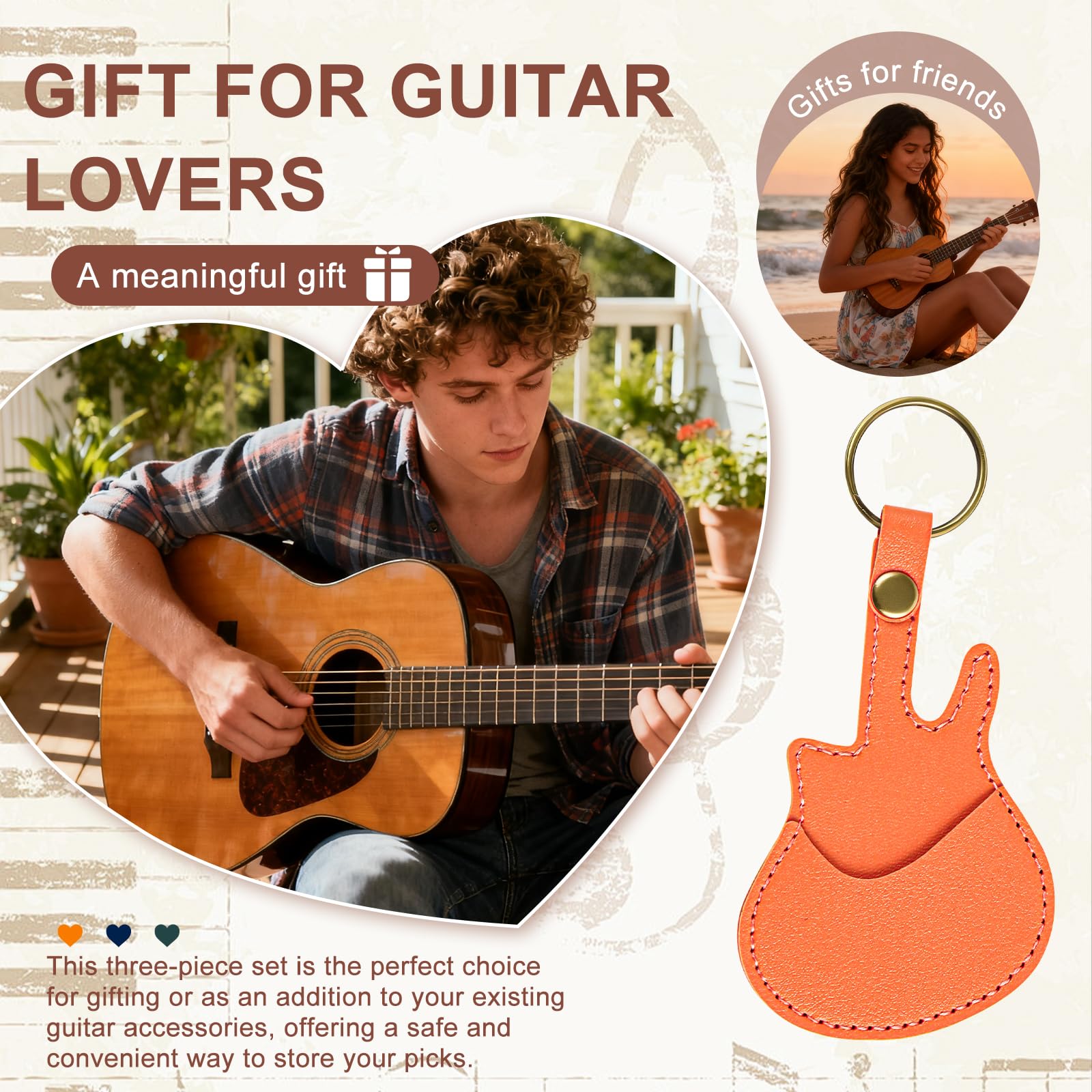 Piórnik na gitarę, przenośny uchwyt na kostki ze skóry PU z gniazdami, wielofunkcyjne przechowywanie gitary Picks, 3 sztuki (zielony, niebieski, pomarańczowy)