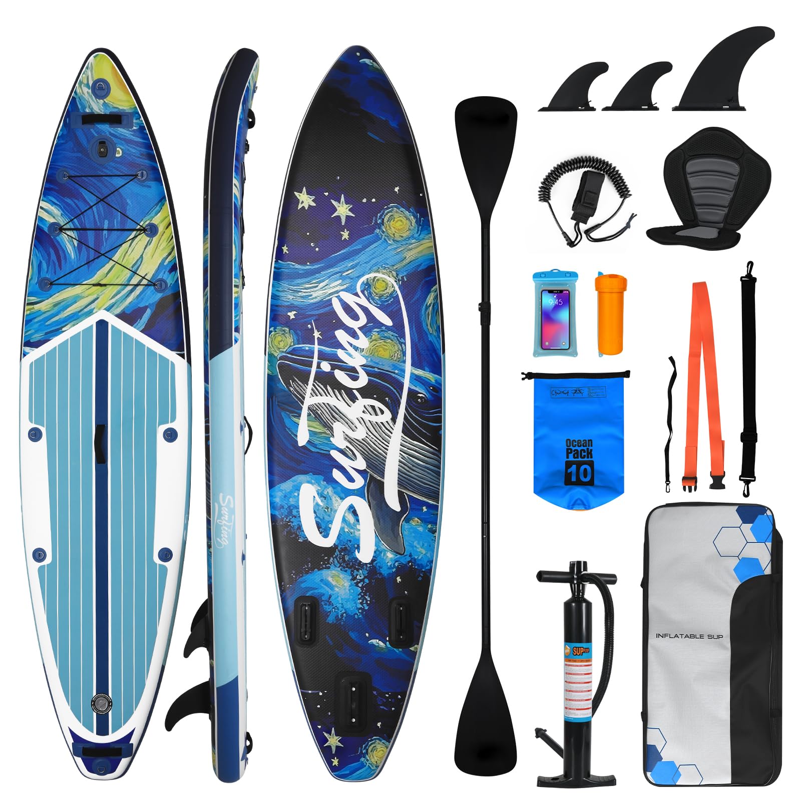 ELECWISH 11FT SUP Inflatable Paddle Board, Stand UP Paddle Board with Kayak Seat Set, Camera Mount, Pump, Paddle, Backpack, Carry Bag, Safety Leash, Deep Blue