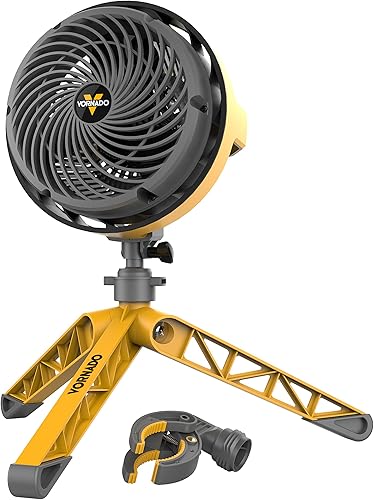 Vornado EXO5 Ventilador circulador de aire resistente con carcasa de alto impacto, base de trípode plegable, accesorio de abrazadera, amarillo, 7