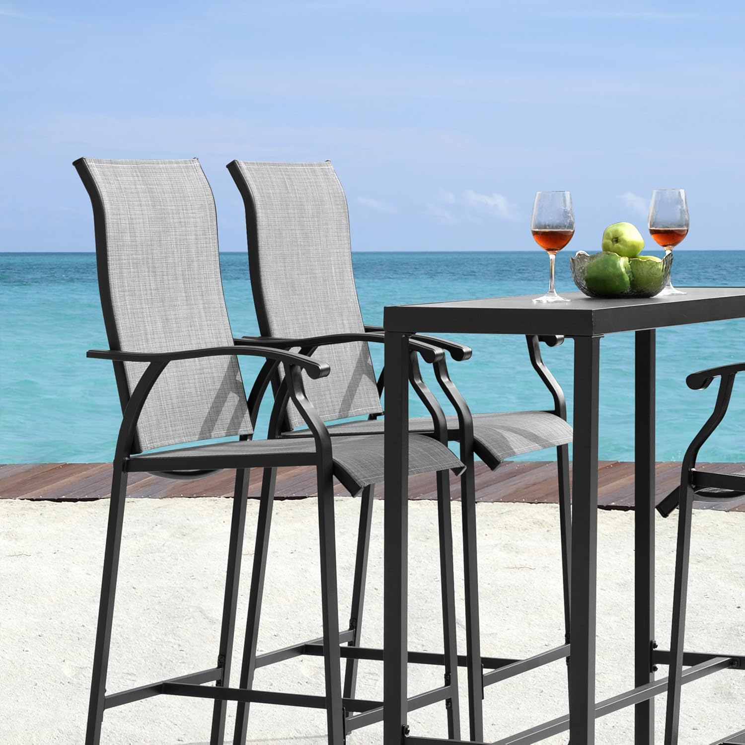 NUU GARDEN 5 Piece Patio Bar Set, 4 Textilene High Bar Stools and 1 Patio Bar Table, All-Weather Outdoor 3D-Print Tempered Glass High Bar Table Set for Backyard, Garden, Lawn, Porch, Gray and Black
