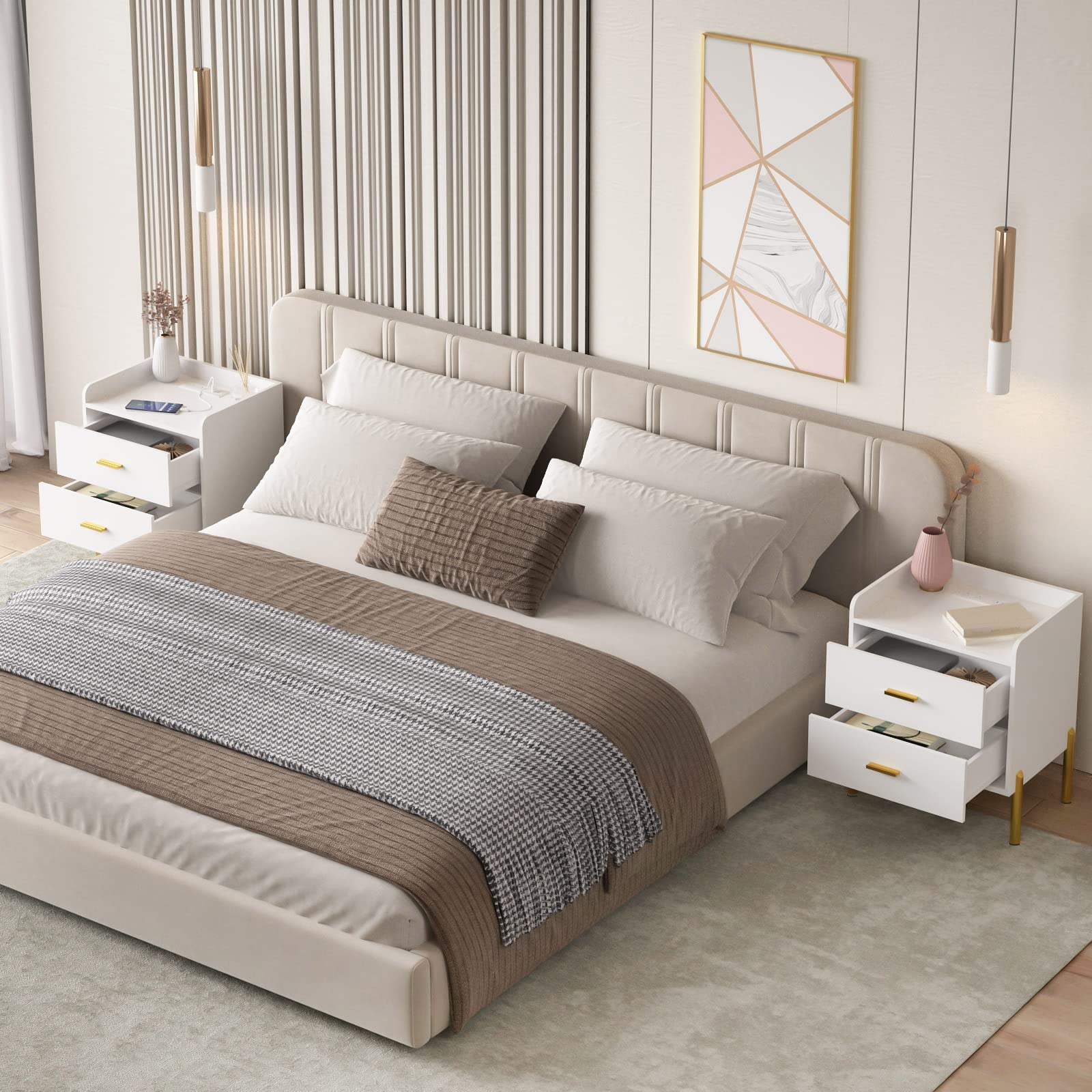 Set Di 2 Comodini Rustici Con Stazione Di Ricarica USB E Porta A Fienile - Tavolini Bianchi Con Ripiani Aperti (40x35x50 Cm) Per Camera Da Letto