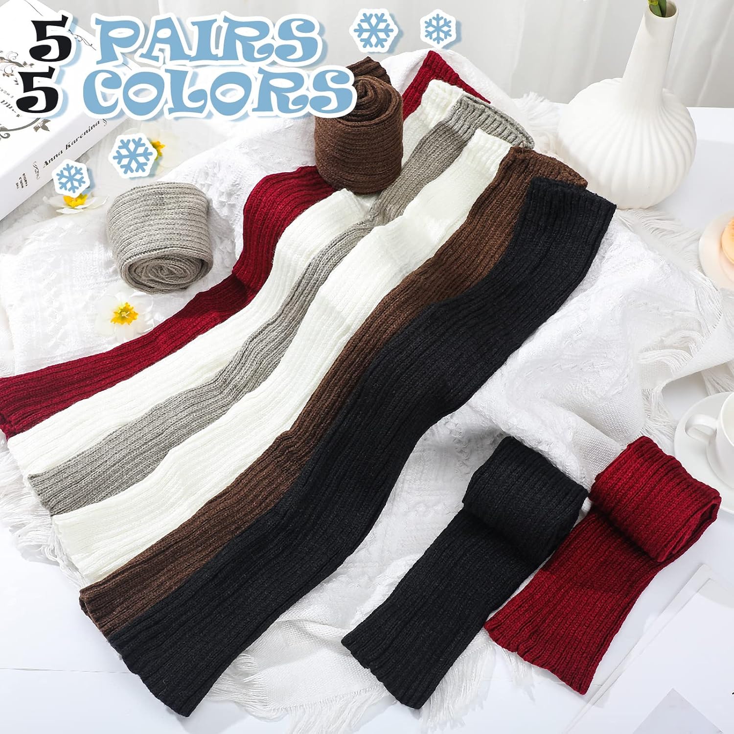 Meanplan 5 Pcs Ribbed Leg Warmers Winter Knit Thigh Long Socks Crochet Kawaii Footless Socks for Women 80s Party Sports Yoga