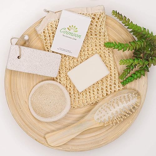 Miniatura 8 de Coimoon Set (fabricado en Europa) almohadillas faciales de lufa orgánicas exfoliantes y esponja de ducha con piedra pómez natural, lufa, esponja
