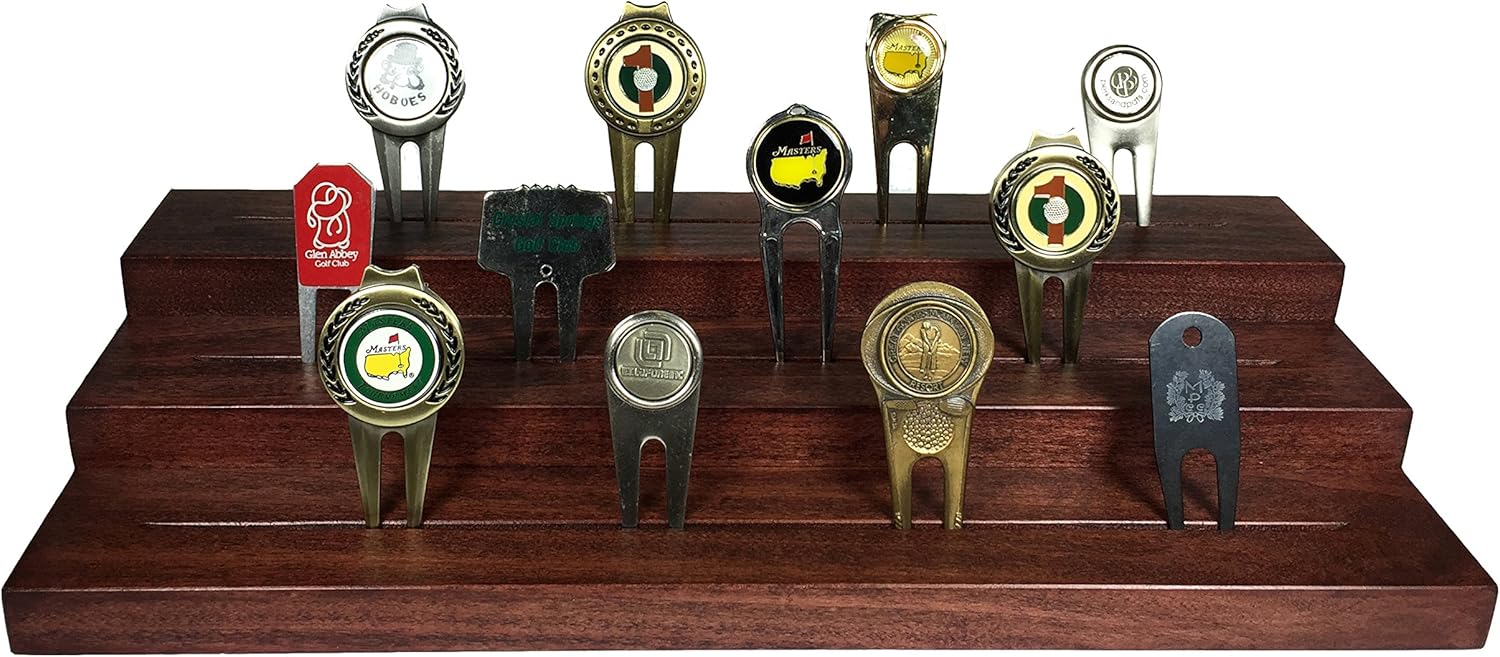 Golf Divot Tool Step Display | Cherry Finish | Solid Hardwood | Measures 14" W x 6" D x 2.25" H