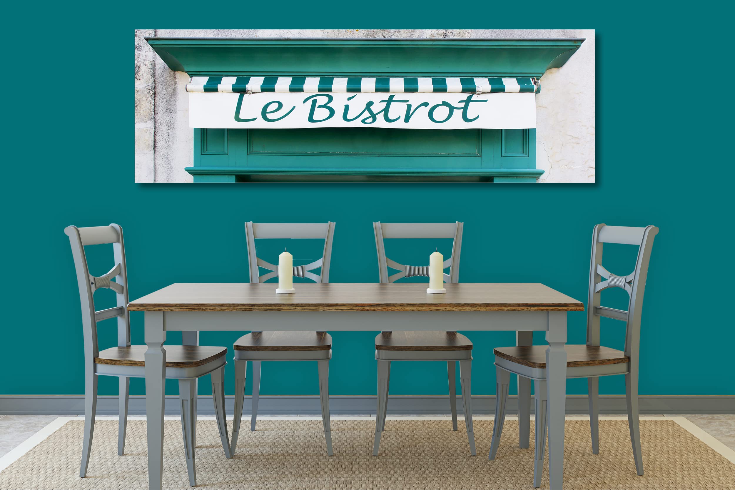 Glücksvilla - Bistrot grün (Leinwand-Bild 2 cm, 90 x 30 cm) | div. Maße - aus DE - Kunstdruck XXL Deko Wandbild quer - Bistro Restaurant Bar Frankreich Paris