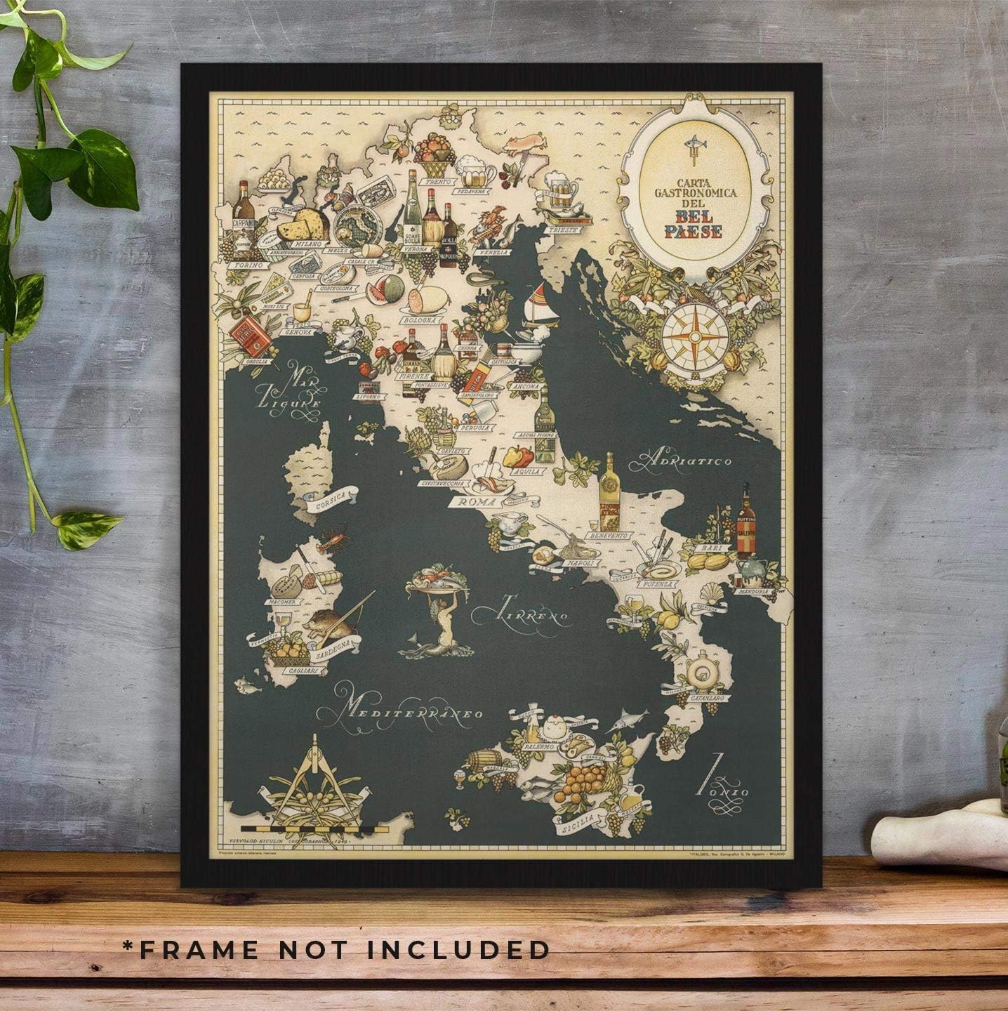 Vintage Italian Food Map Wall Art, Carta Gastronomica del Bel Paese circa 1949 by Vsevolod Niculin Cosmographus, Mediterranean Culinary Regions Poster, Decorative Gourmet Italy Kitchen Print (24 x 32 inches)