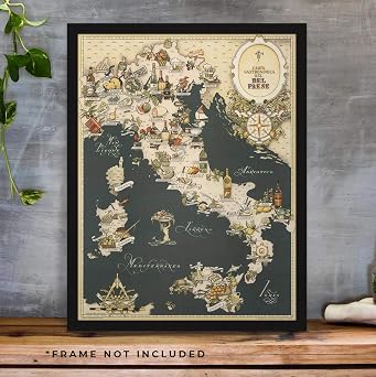 Vintage Italian Food Map Wall Art, Carta Gastronomica del Bel Paese circa 1949 by Vsevolod Niculin Cosmographus, Mediterranean Culinary Regions Poster, Decorative Gourmet Italy Kitchen Print (12 x 16 inches)
