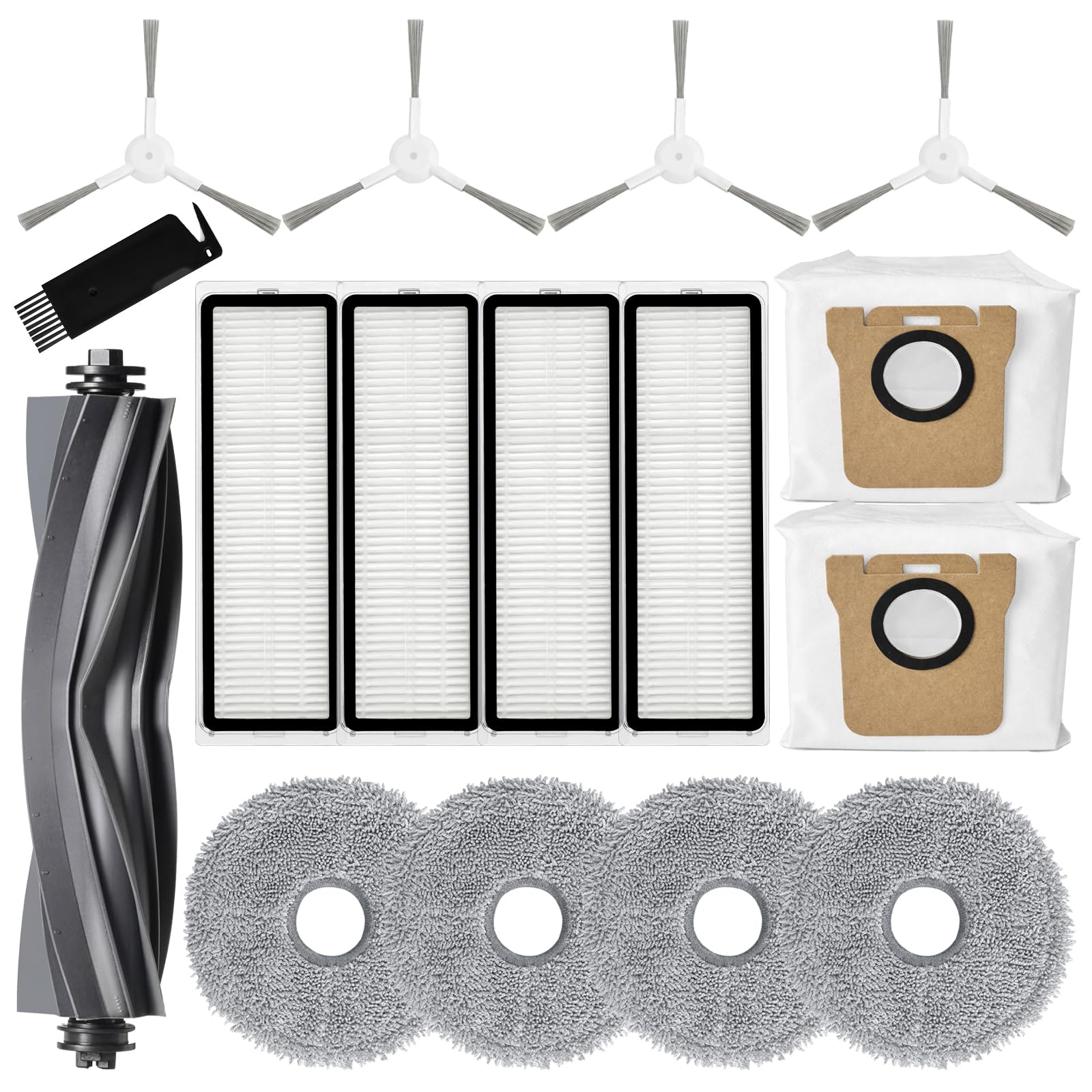 Replacement Parts Compatible for Dreame L10s Ultra / L10 Ultra, 1 Main Roller Brush, 4 Microfiber Mop Pads, 4 Washable Filters, 2 Dust Bags, 4 Side Brushes, 1 Cleaning Brush Robot Vacuum Accessories