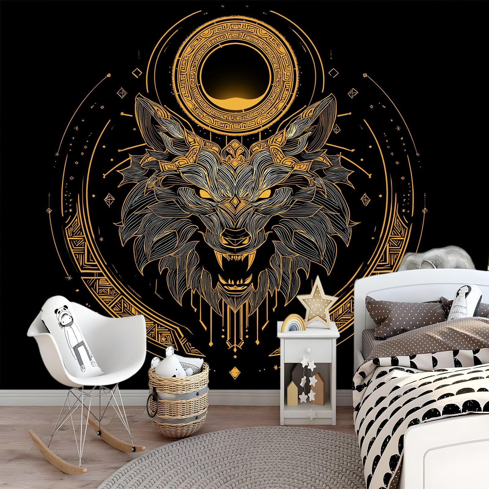 Cool Tribal Totem geometryczna głowa wilka panoramiczna tapeta 200 x 140 cm, gigantyczny plakat ścienny z efektem 3D, dekoracja ścienna do salonu sypialni - czarna