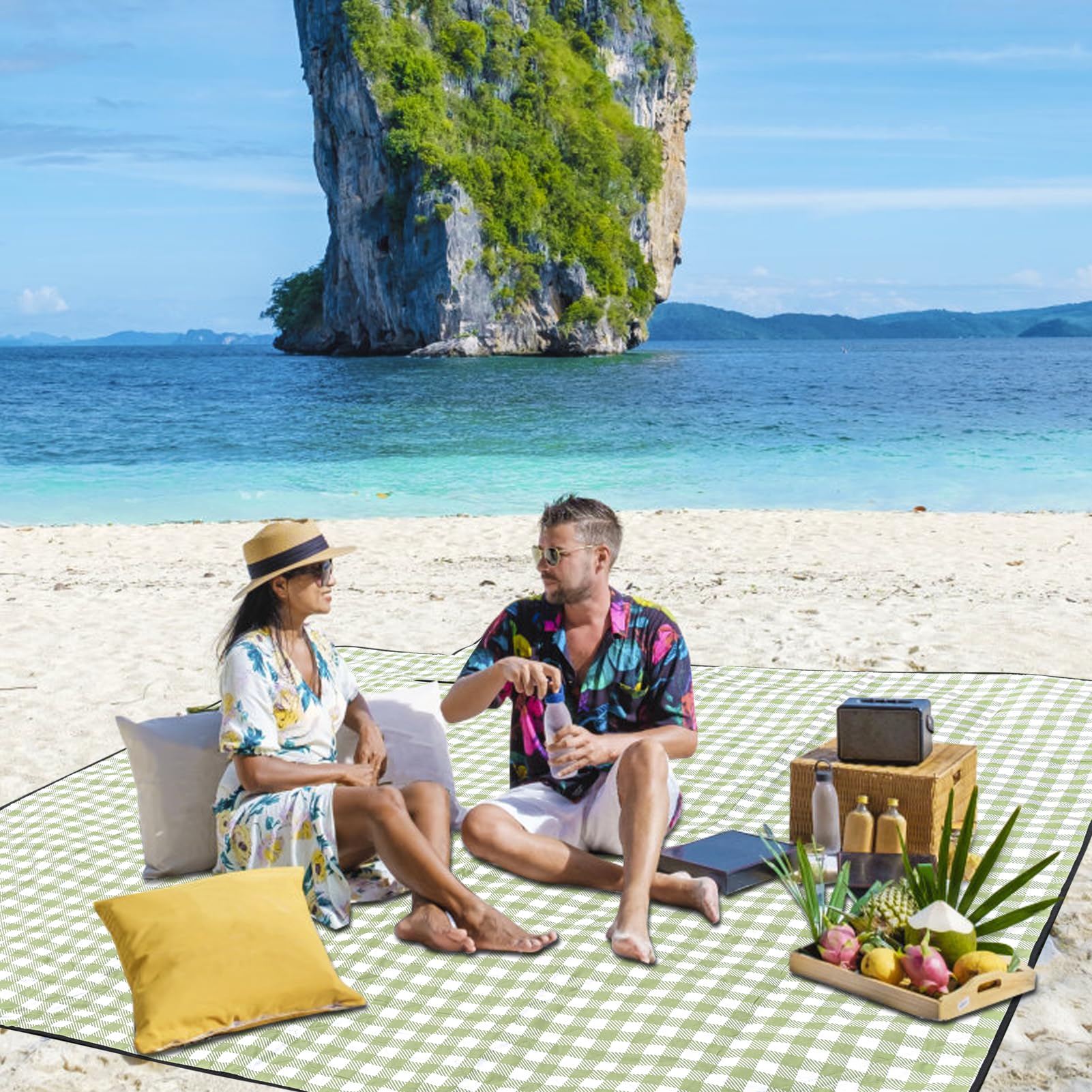 ZUBOND Koc piknikowy, wodoodporny, odporny na piasek, składany i można prać w pralce, 203 x 250 cm, bardzo duży koc plażowy, prosty, stylowy koc w kratkę, na zewnątrz, trawnik, park, na rodzinny