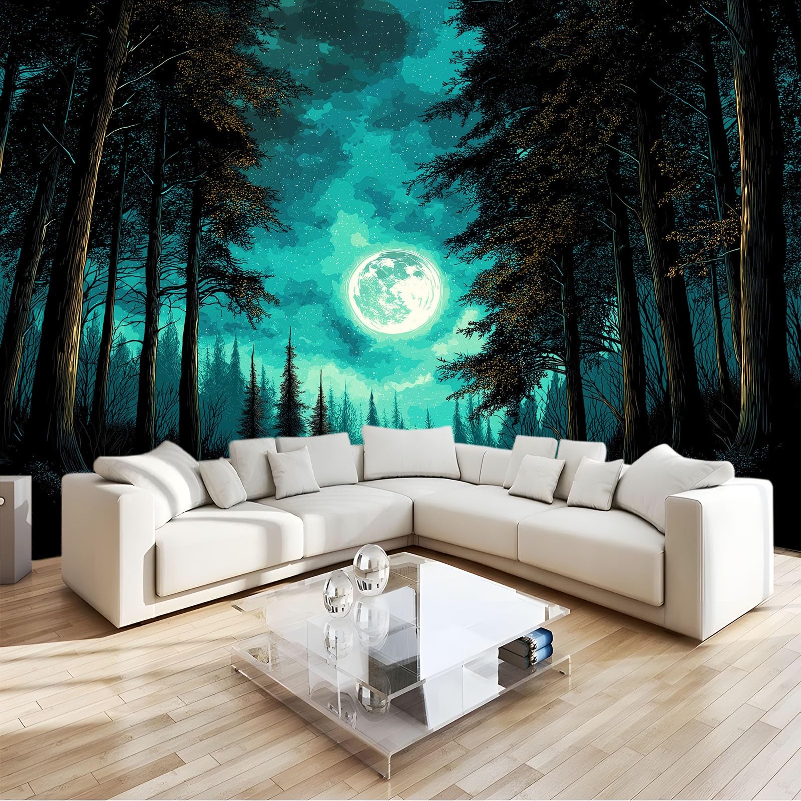 3D Effect Photo Wallpaper Fantasy Forest Moon, 138 x 101 inch (W x H) Panoramic Custom Wallpaper Mural - Dark Green Eco-Friendly Wall Mural Poster Decoration